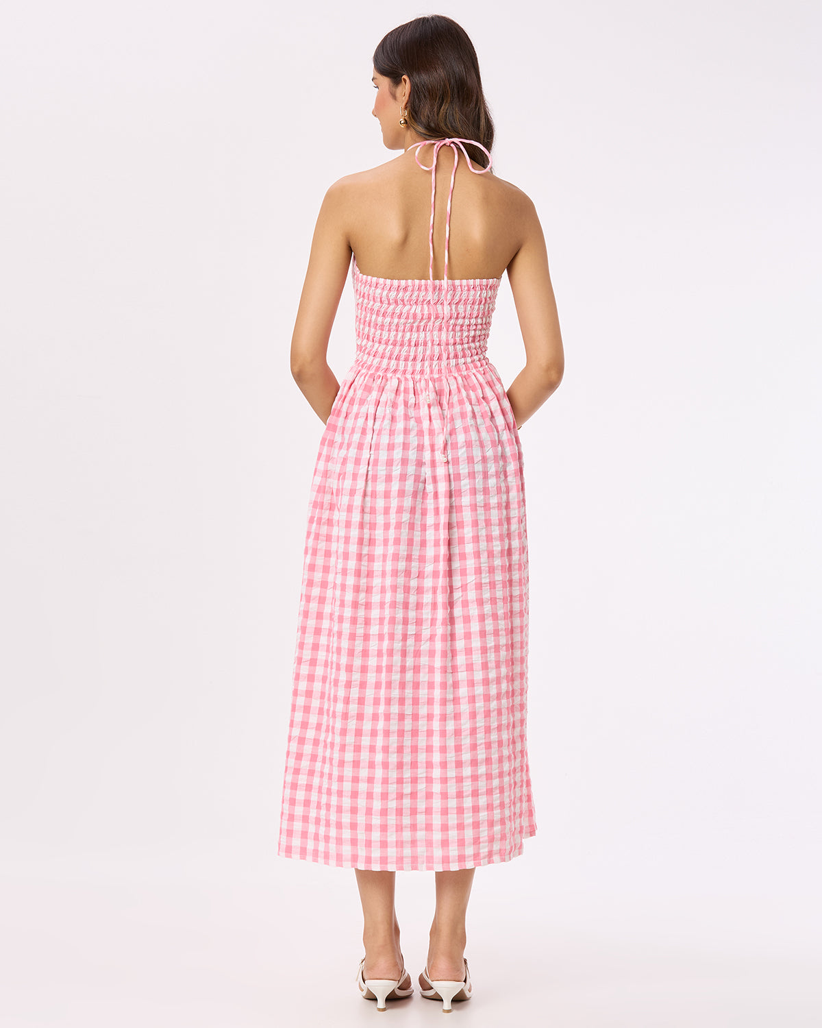 Bright Pink and White checks Tie-up Maxi Dress