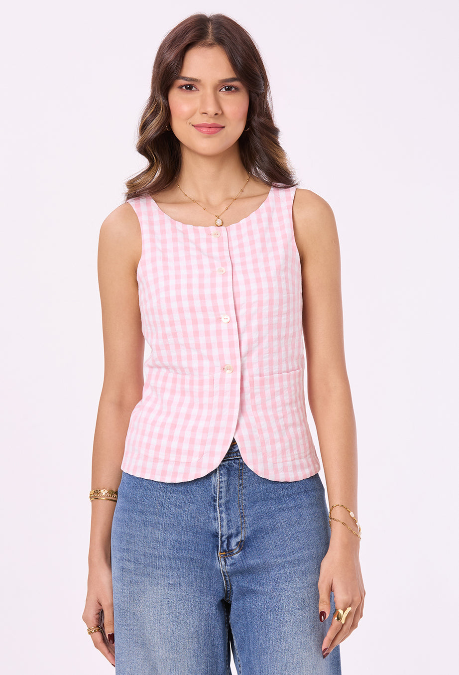 Pink and White Checks Vest with Patch Pockets