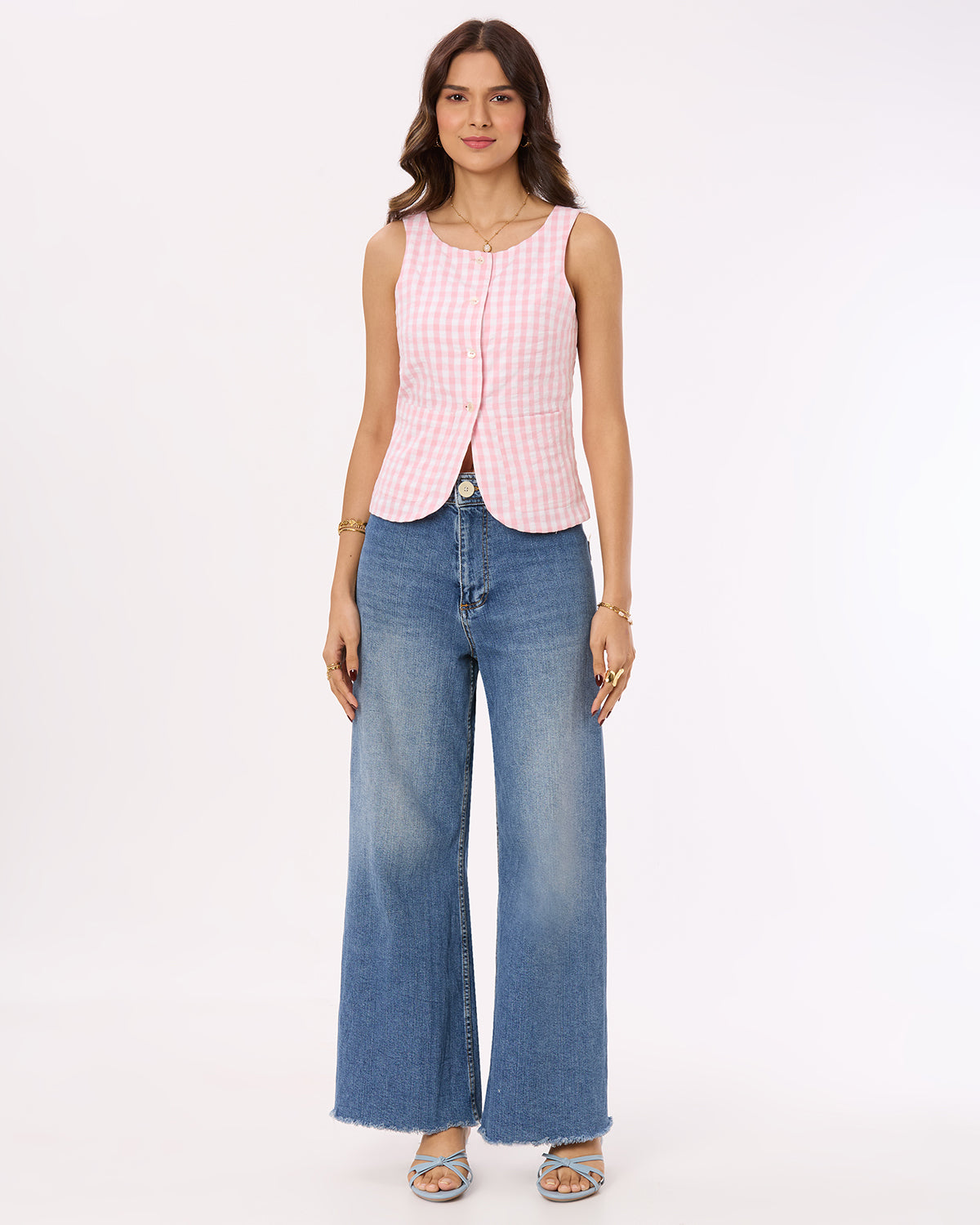 Pink and White Checks Vest with Patch Pockets