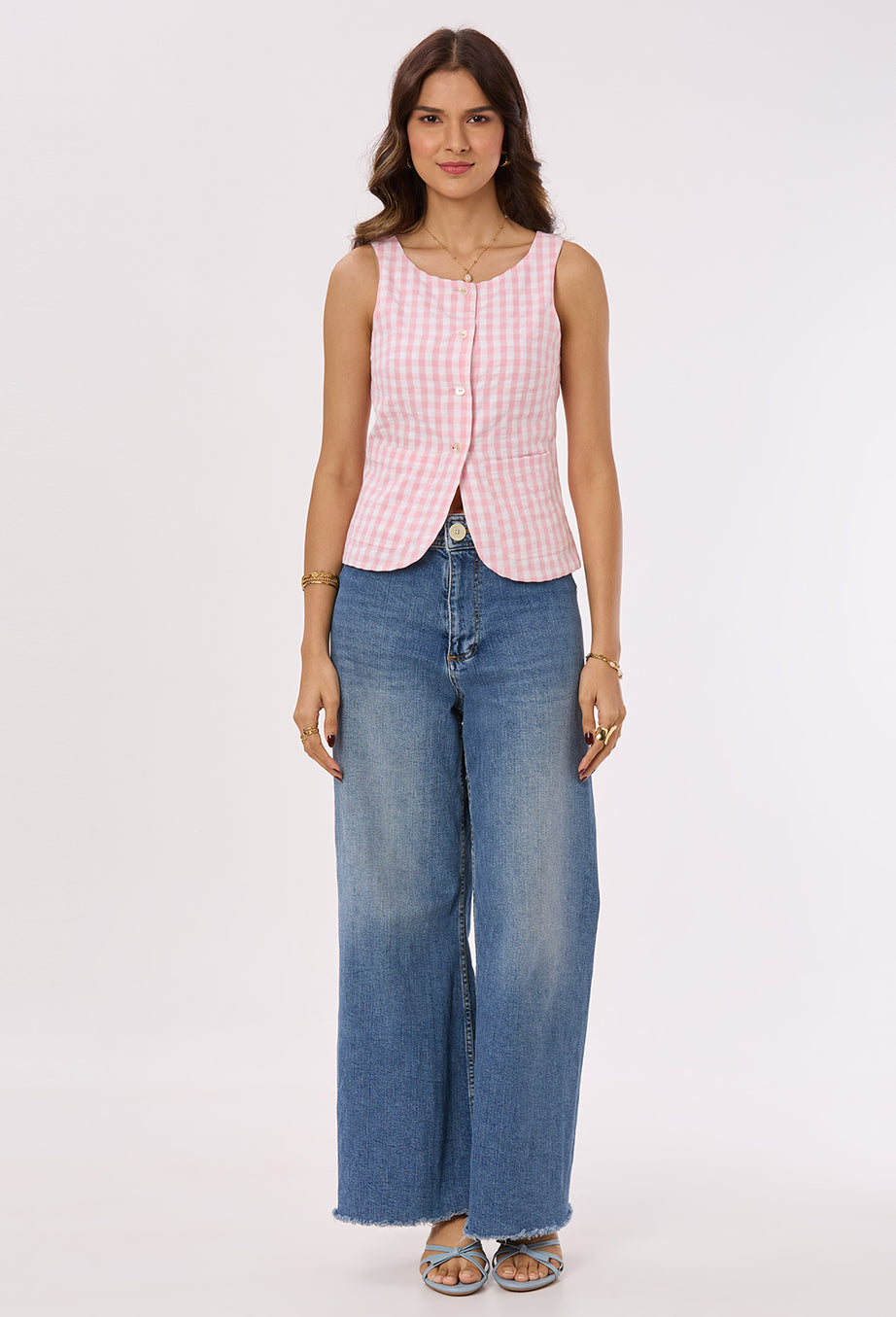 Pink and White Checks Vest with Patch Pockets