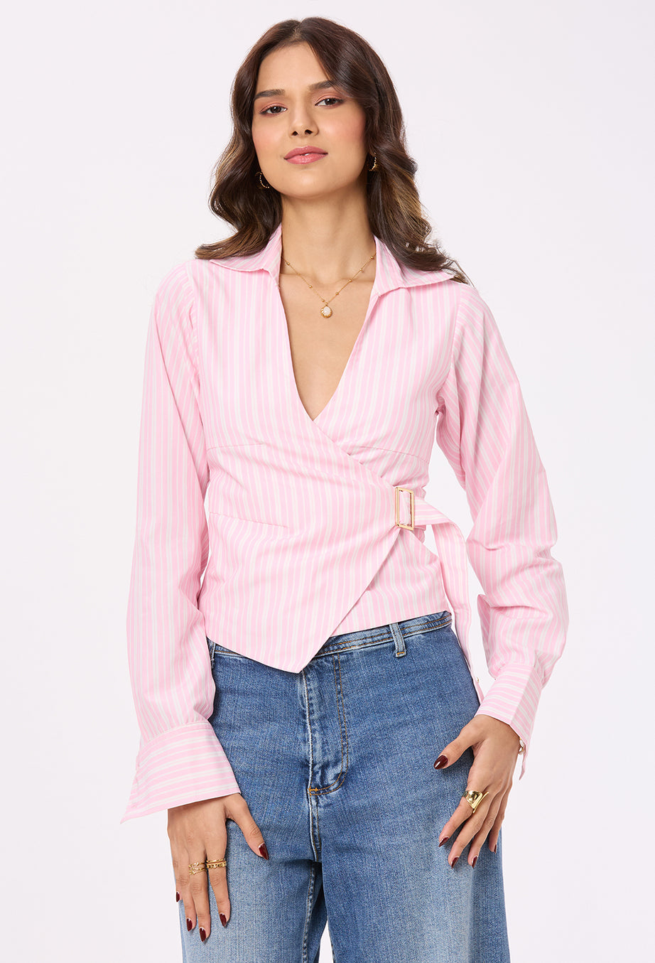 Pink and White Stripe Tie-up Shirt