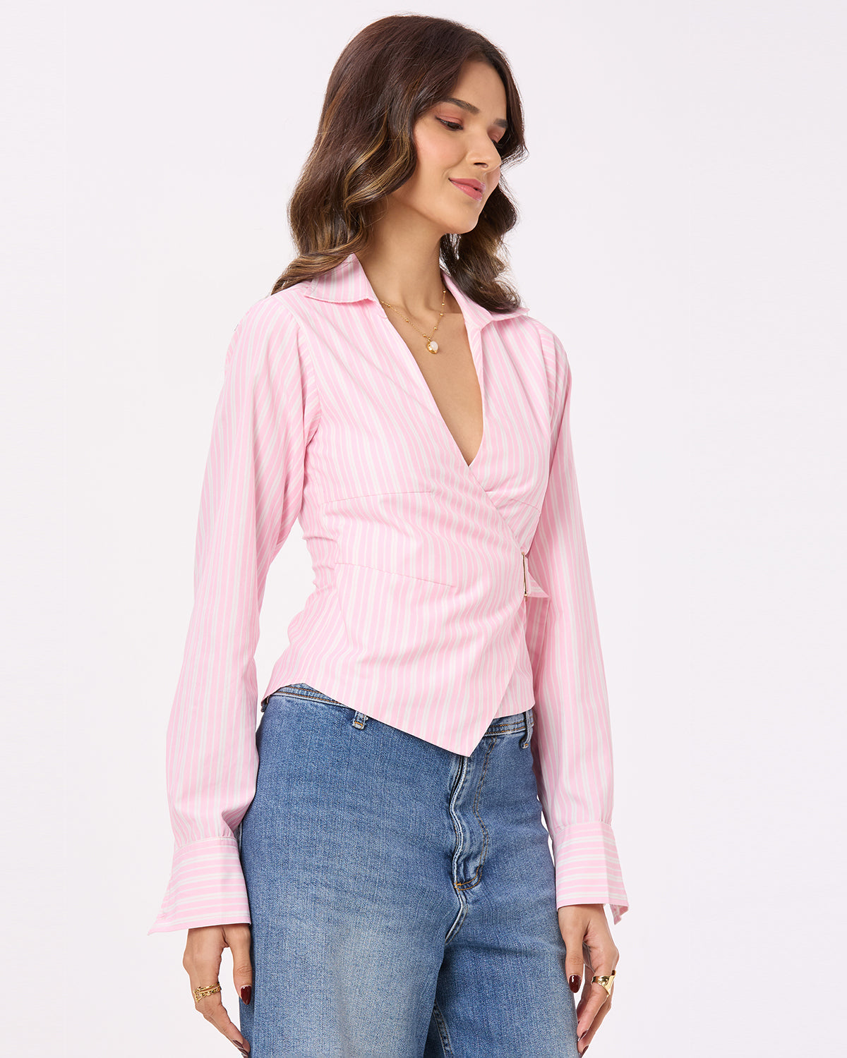 Pink and White Stripe Tie-up Shirt