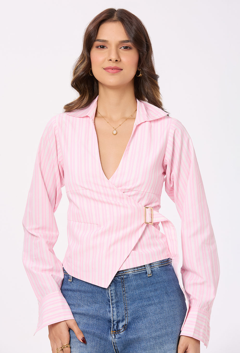 Pink and White Stripe Tie-up Shirt