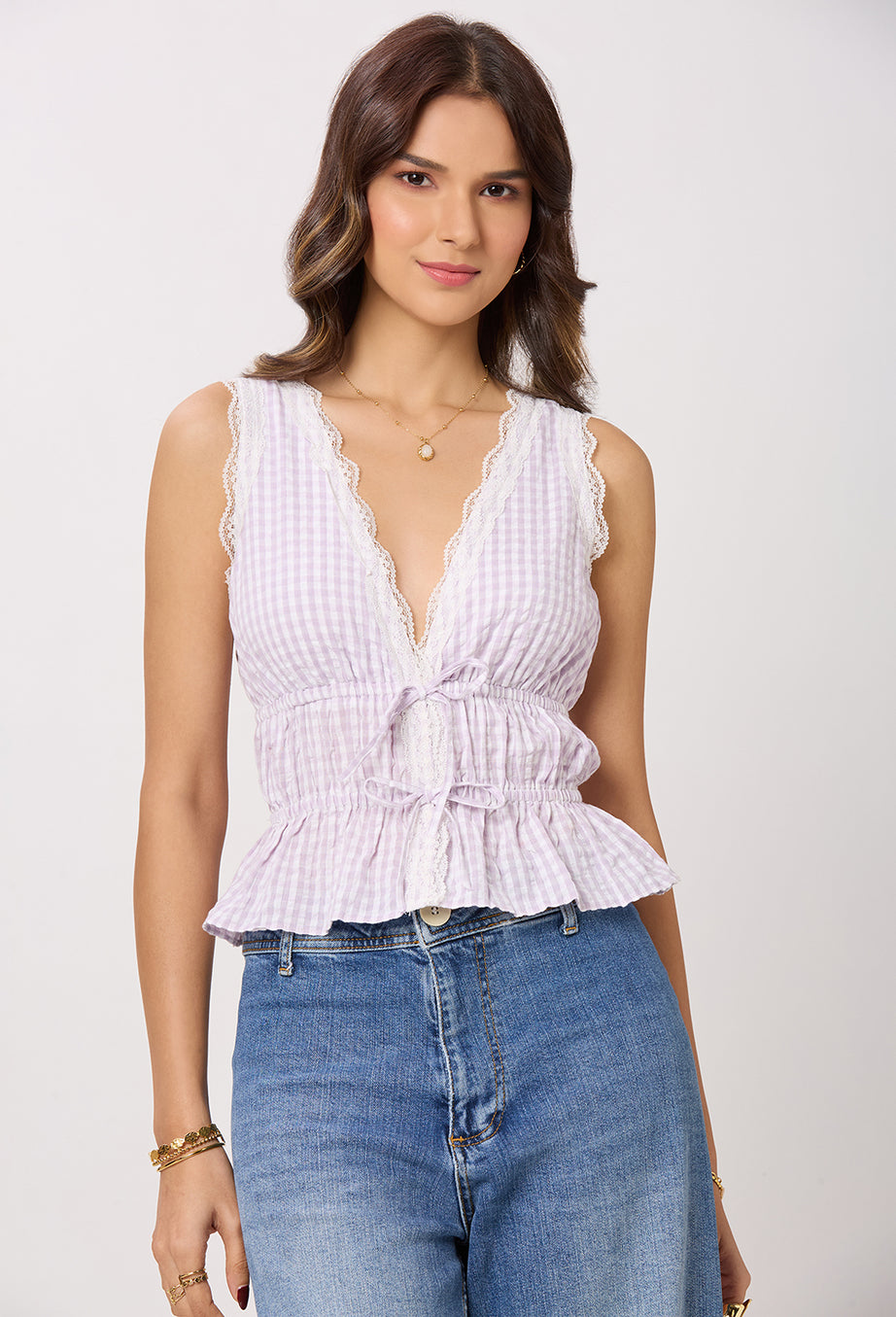 Purple and White Gingham Lace Top