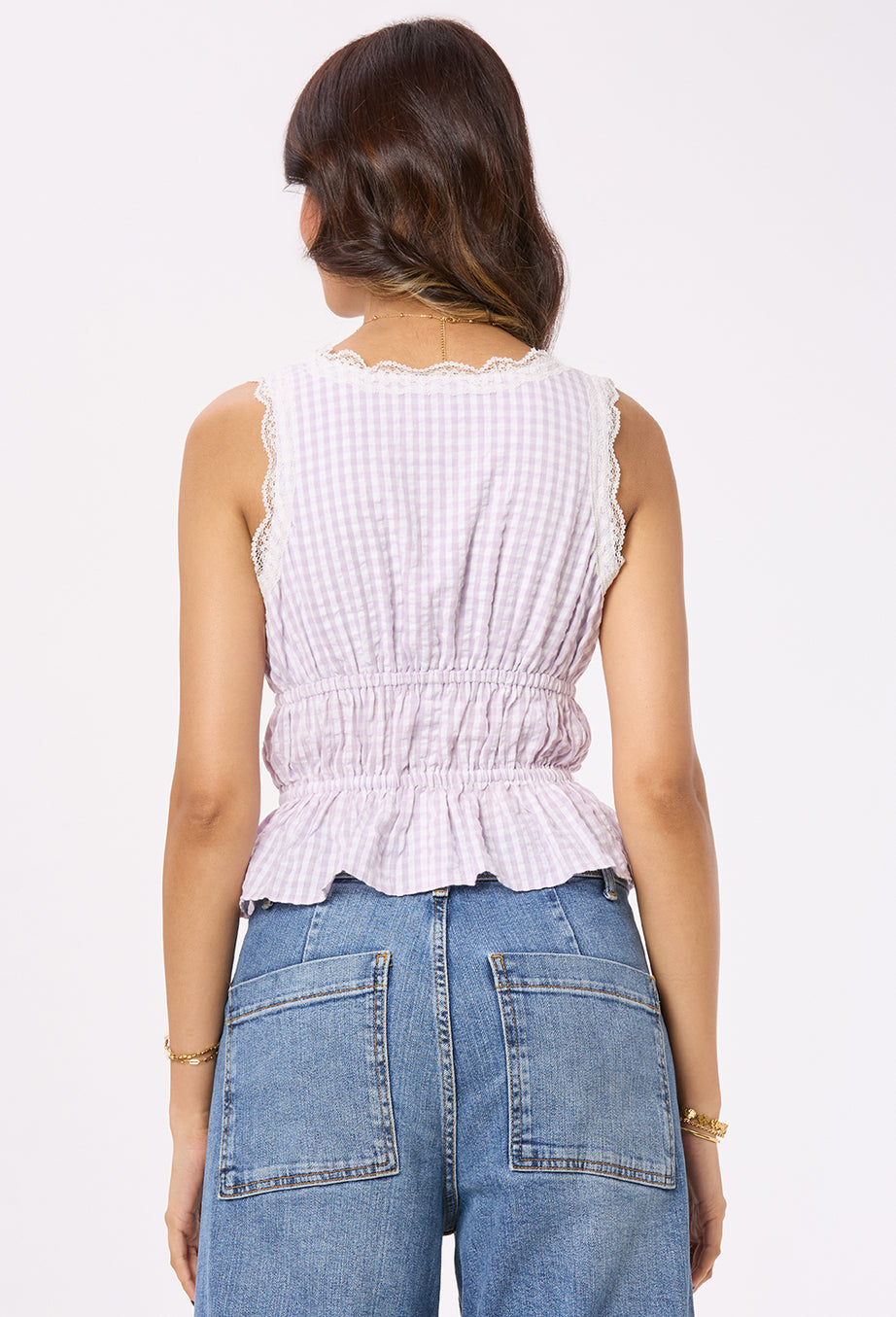 Purple and White Gingham Lace Top