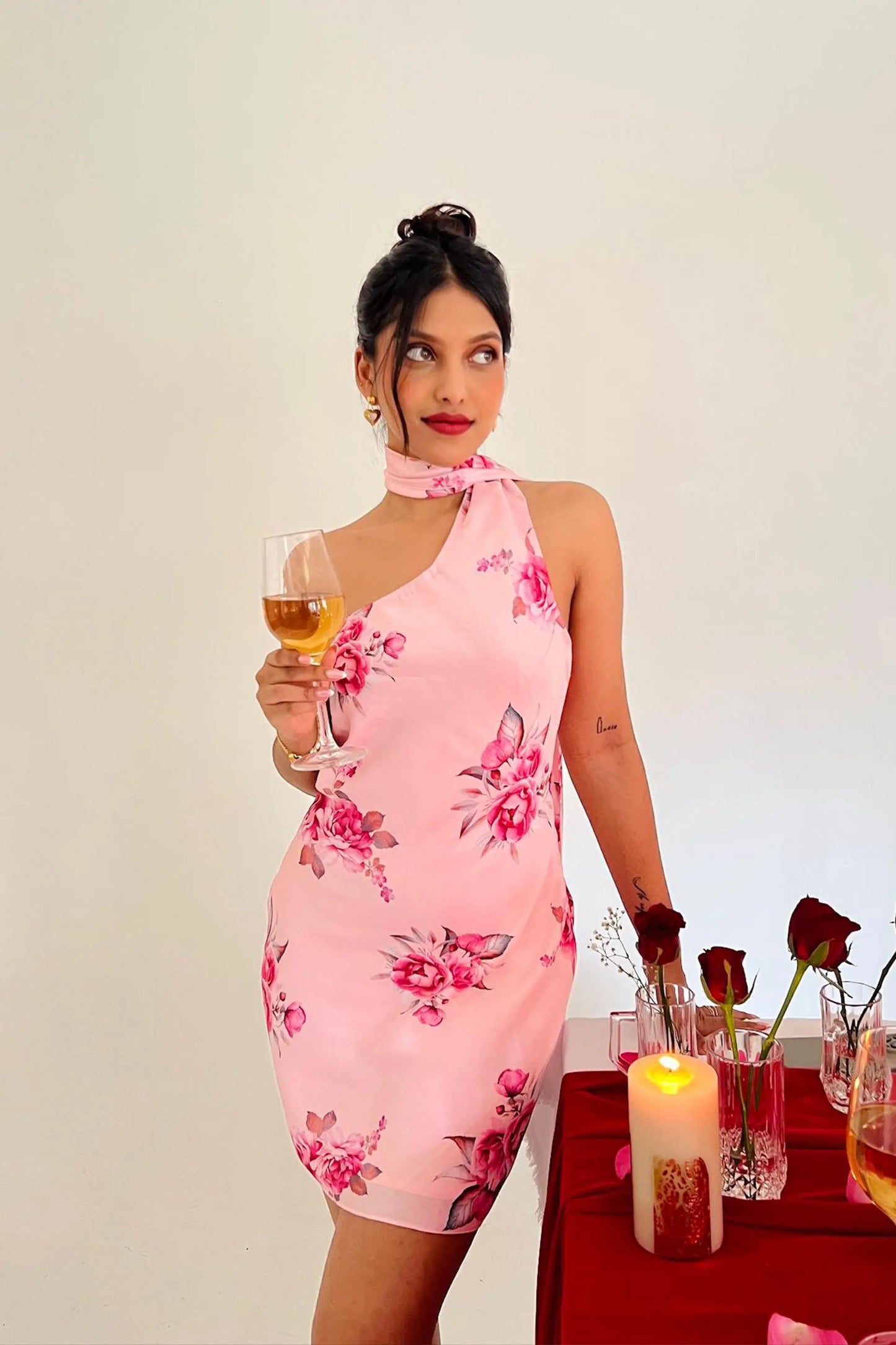 Pink Rose Print Shanaya One Shoulder Short Scarf Dress Valentines Day Collection