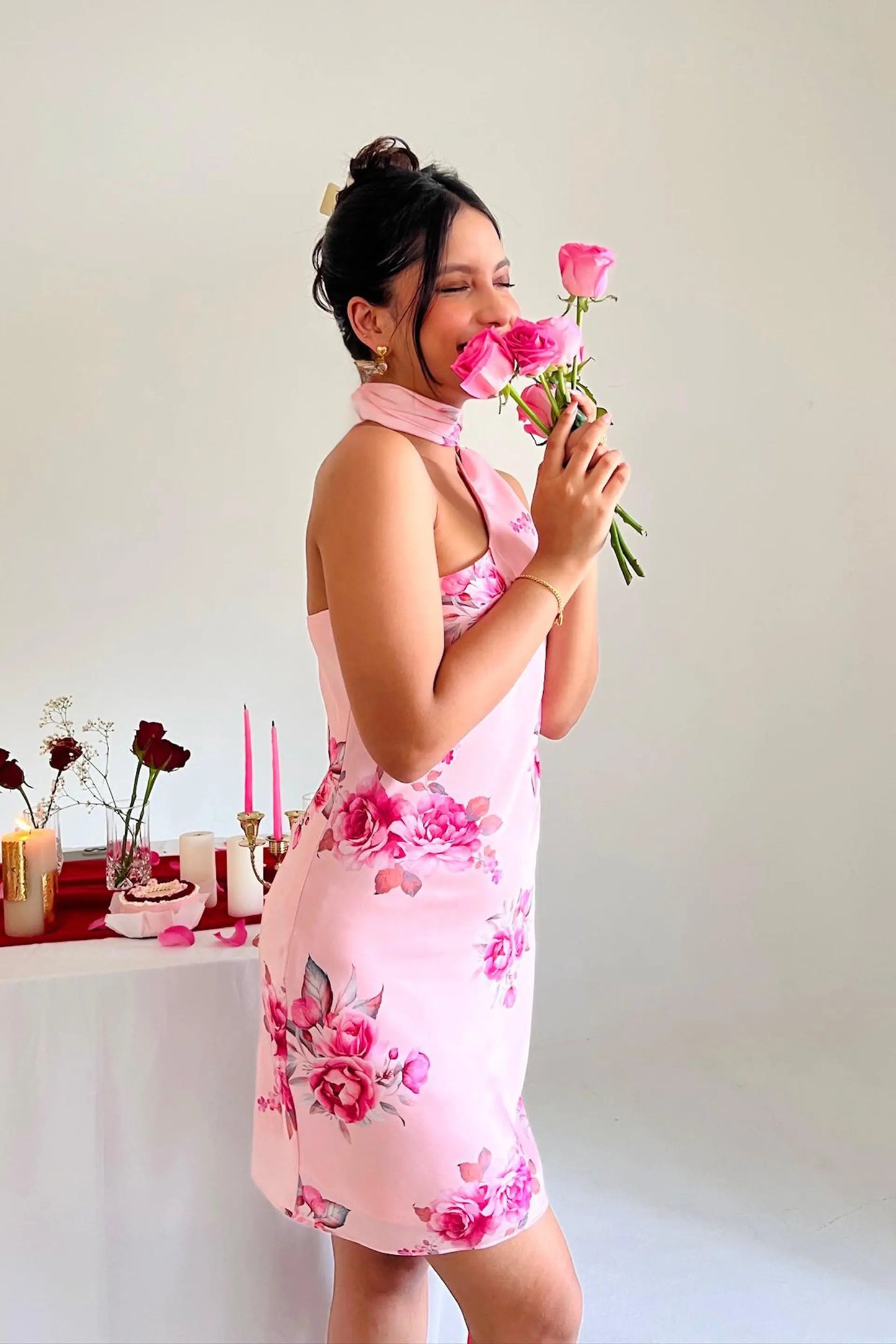 Pink Rose Print Shanaya One Shoulder Short Scarf Dress Valentines Day Collection