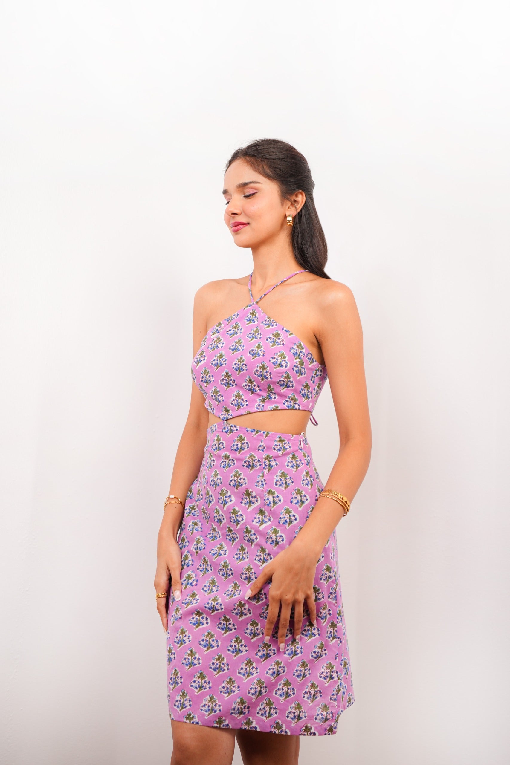 Comfortable Purple Print Cotton Short Dress with Back Tie Spring Summer - 25