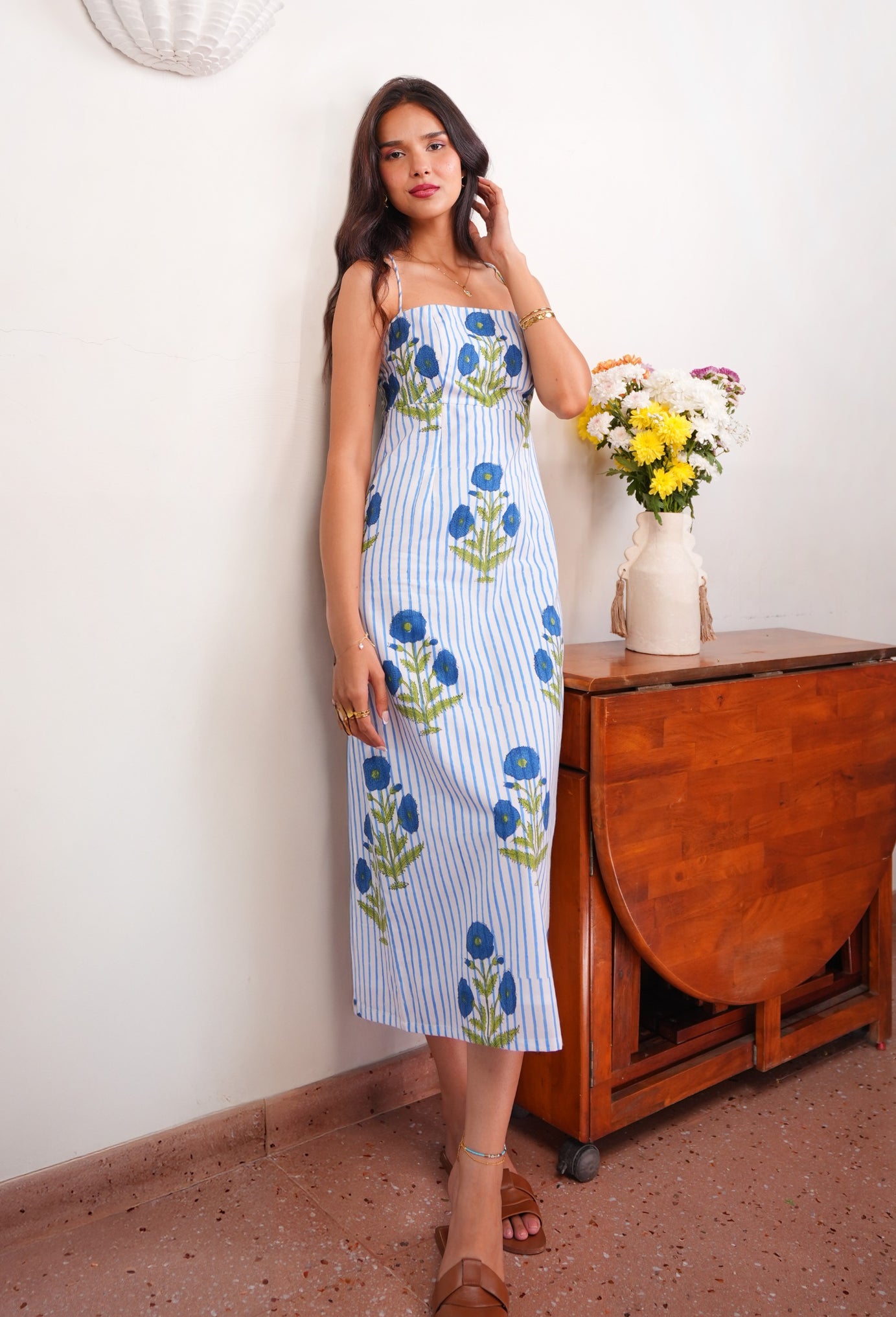 Blue Stripe Floral Printed White Cotton Maxi Dress with Spaghetti Straps