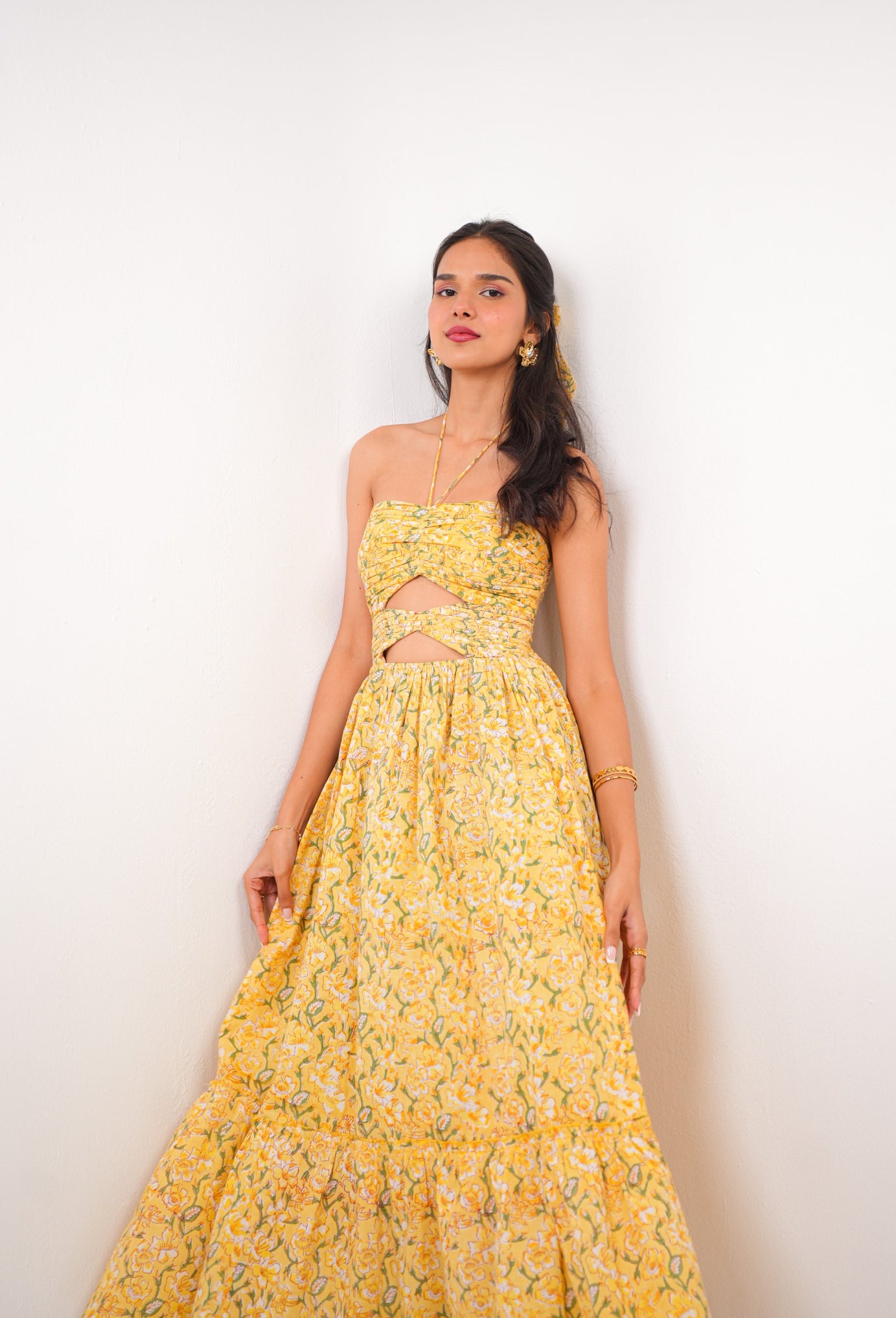 Bright Yellow Floral Print Maxi Dress with Front Cut-Outs