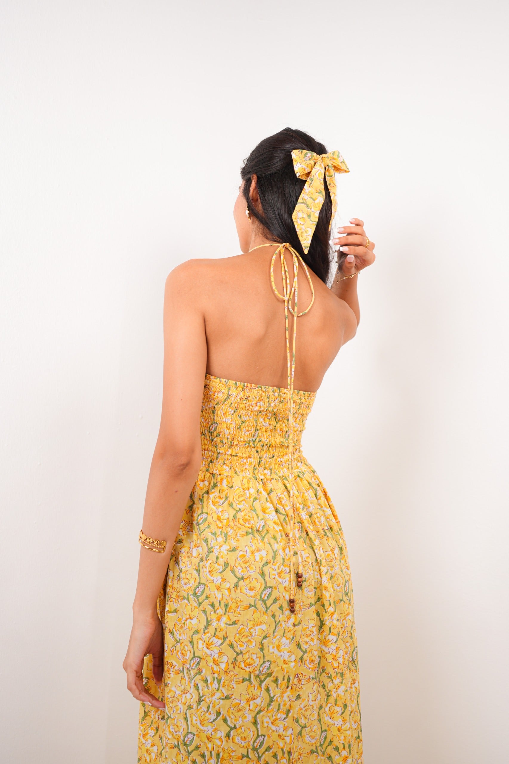 Bright Yellow Floral Print Maxi Dress with Front Cut-Outs