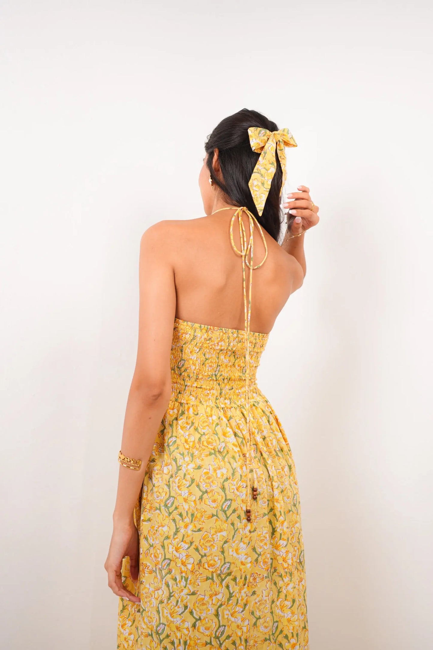 Bright Yellow Floral Print Maxi Dress with Front Cut-Outs Spring Summer - 25