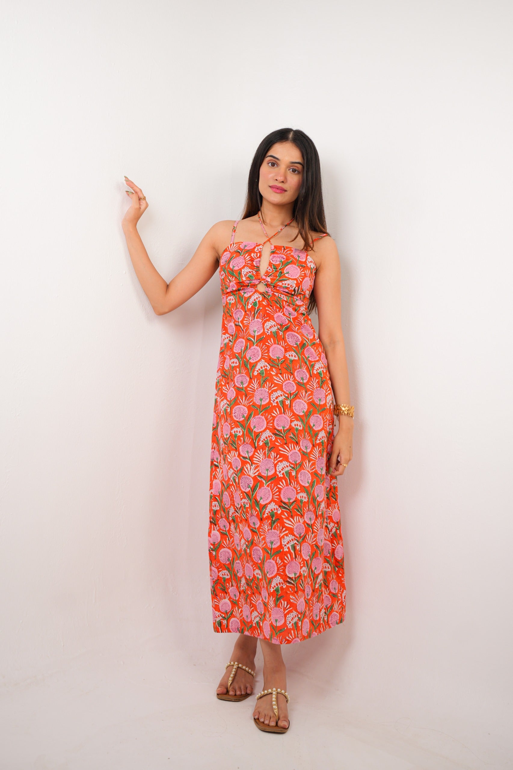 Orange & Pink Floral Hand Block Print A-Line Maxi Dress