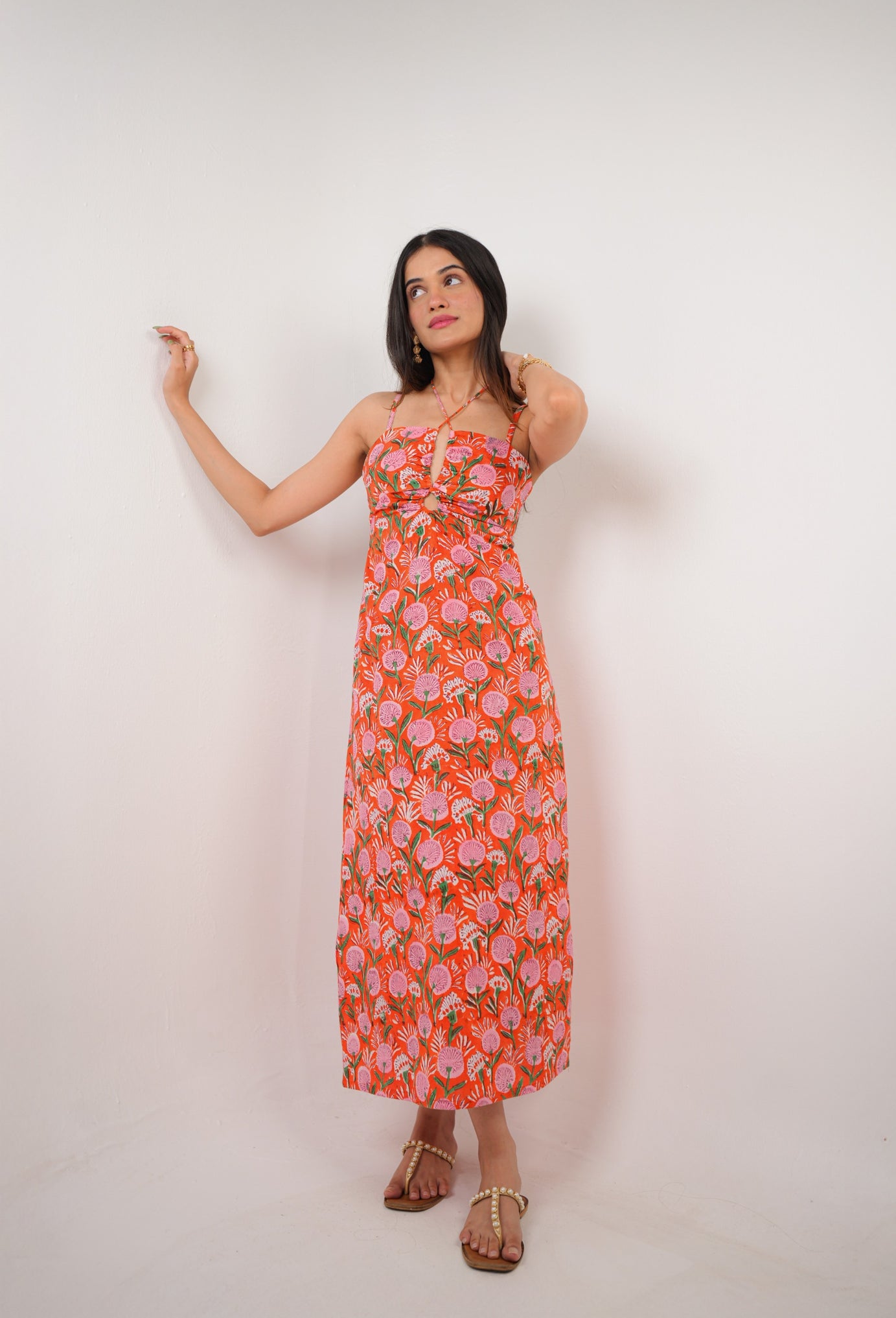 Orange & Pink Floral Hand Block Print A-Line Maxi Dress