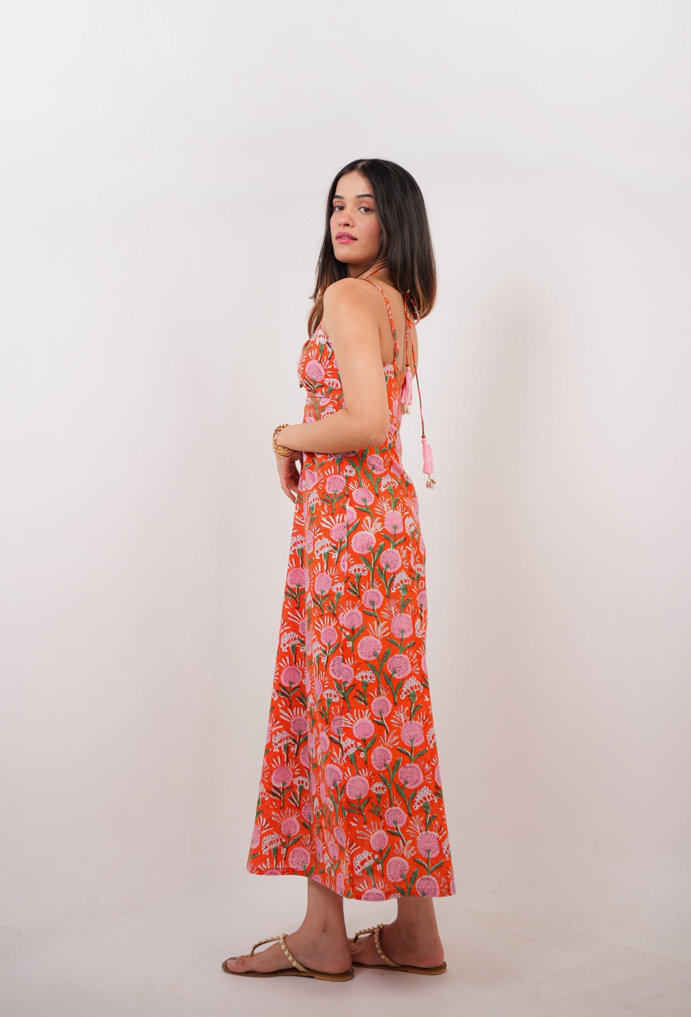 Orange & Pink Floral Hand Block Print A-Line Maxi Dress