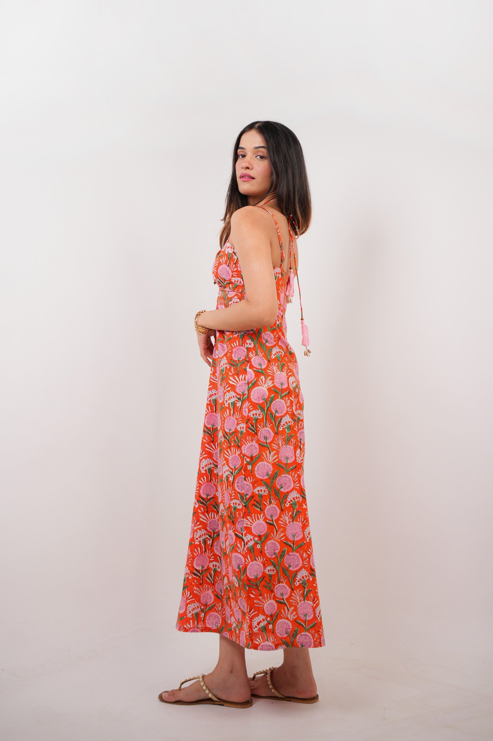 Orange & Pink Floral Hand Block Print A-Line Maxi Dress