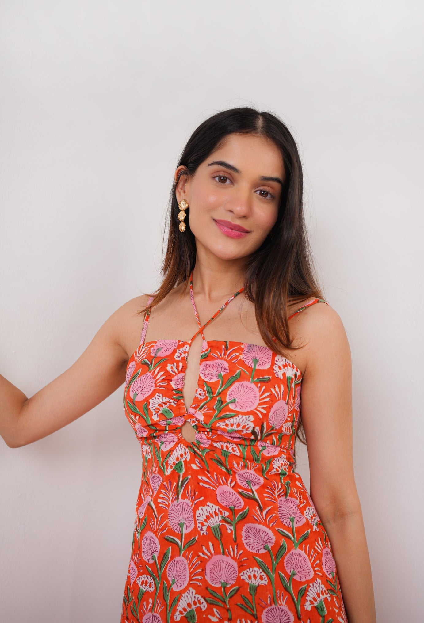 Orange & Pink Floral Hand Block Print A-Line Maxi Dress