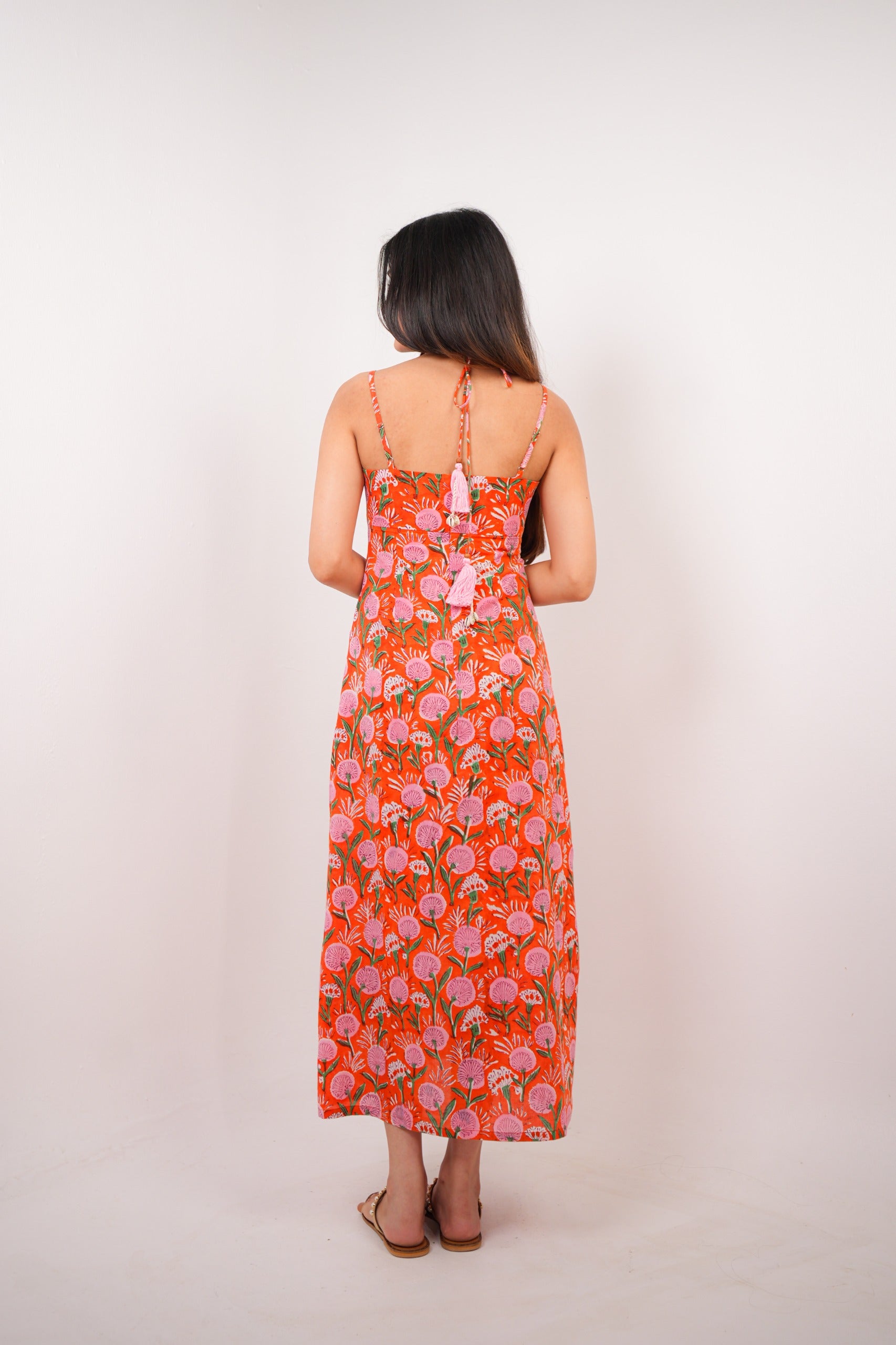 Orange & Pink Floral Hand Block Print A-Line Maxi Dress Spring Summer - 25