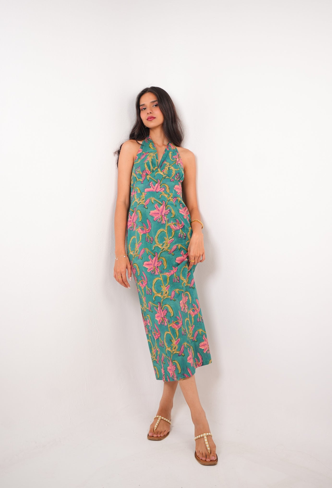 Green Halter Neck Tie-Up A-Line Dress