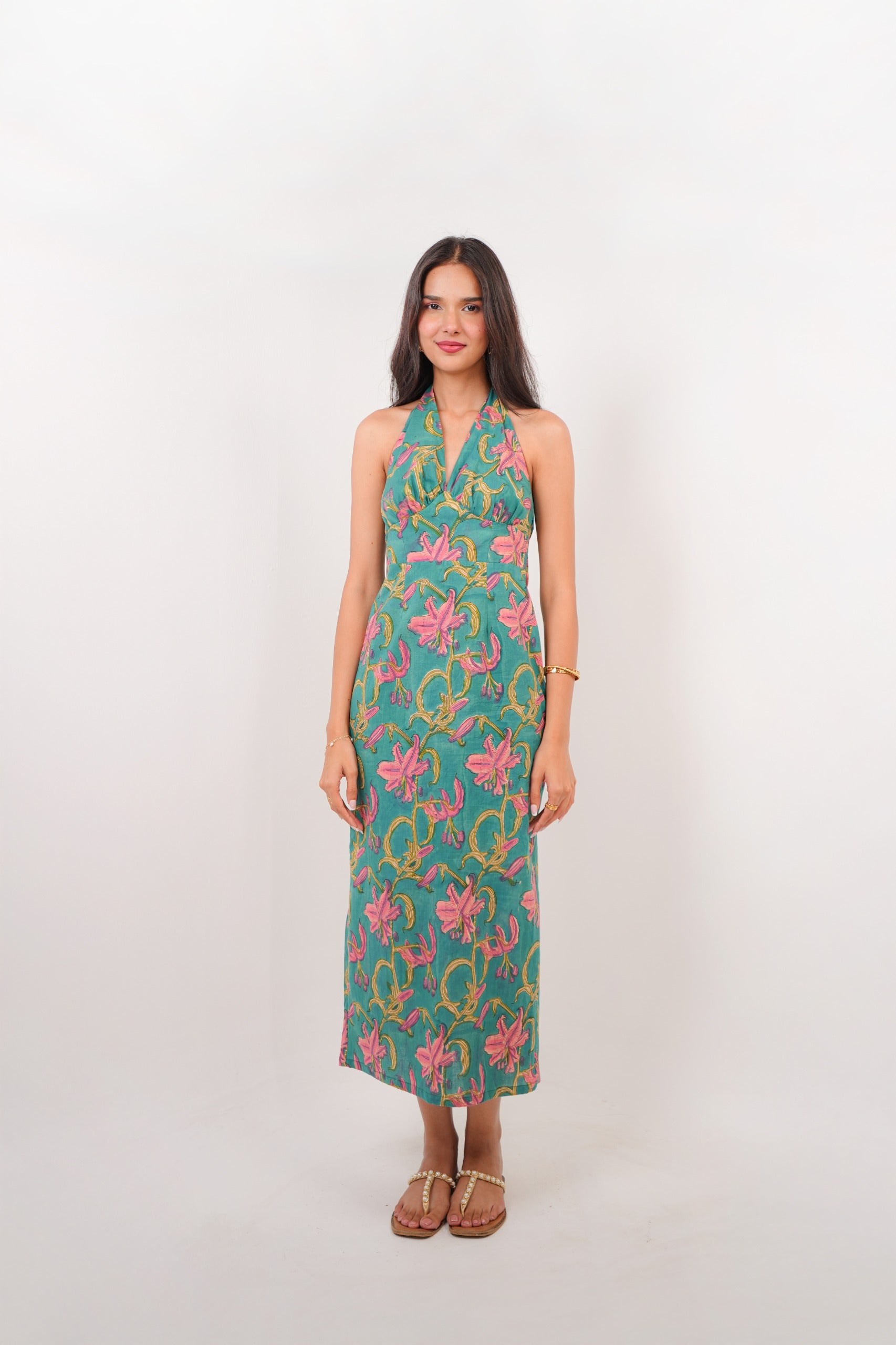 Green Halter Neck Tie-Up A-Line Dress