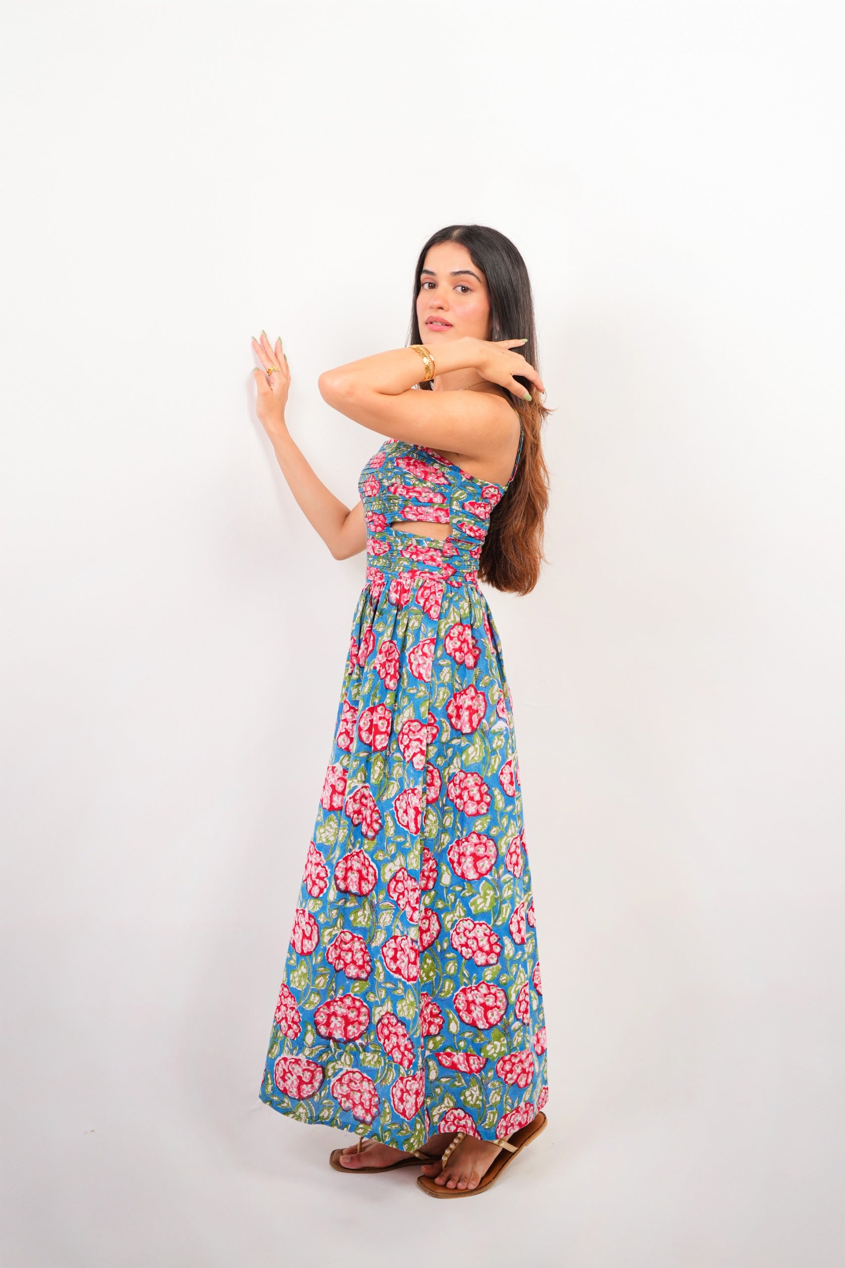Blue & Red Floral Statement Cut-Out Maxi Dress