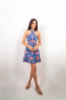 Halter Neck Dark Blue Floral Short Dress with Back Bow Tie & Frill Spring Summer - 25