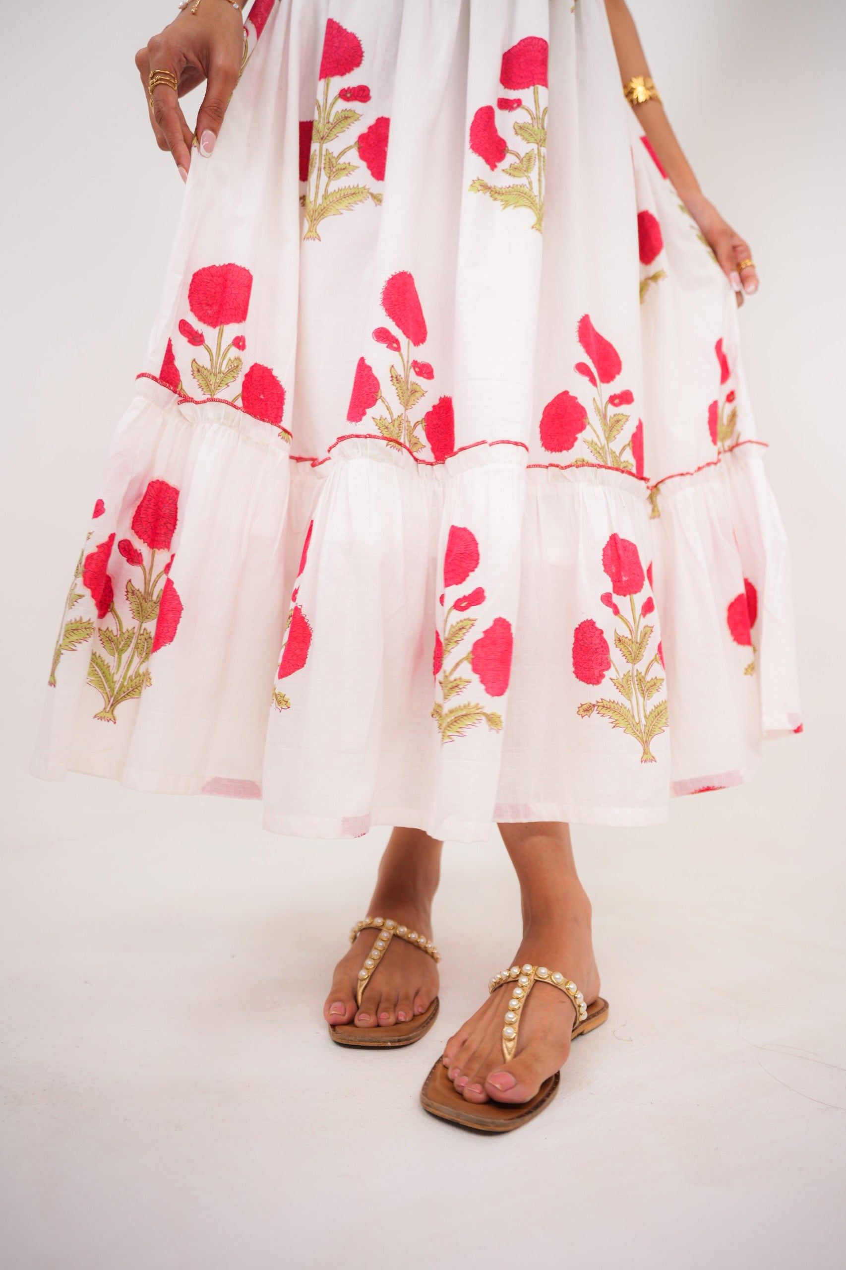 White & Red Floral Hand Block Printed Tube Dress Spring Summer - 25