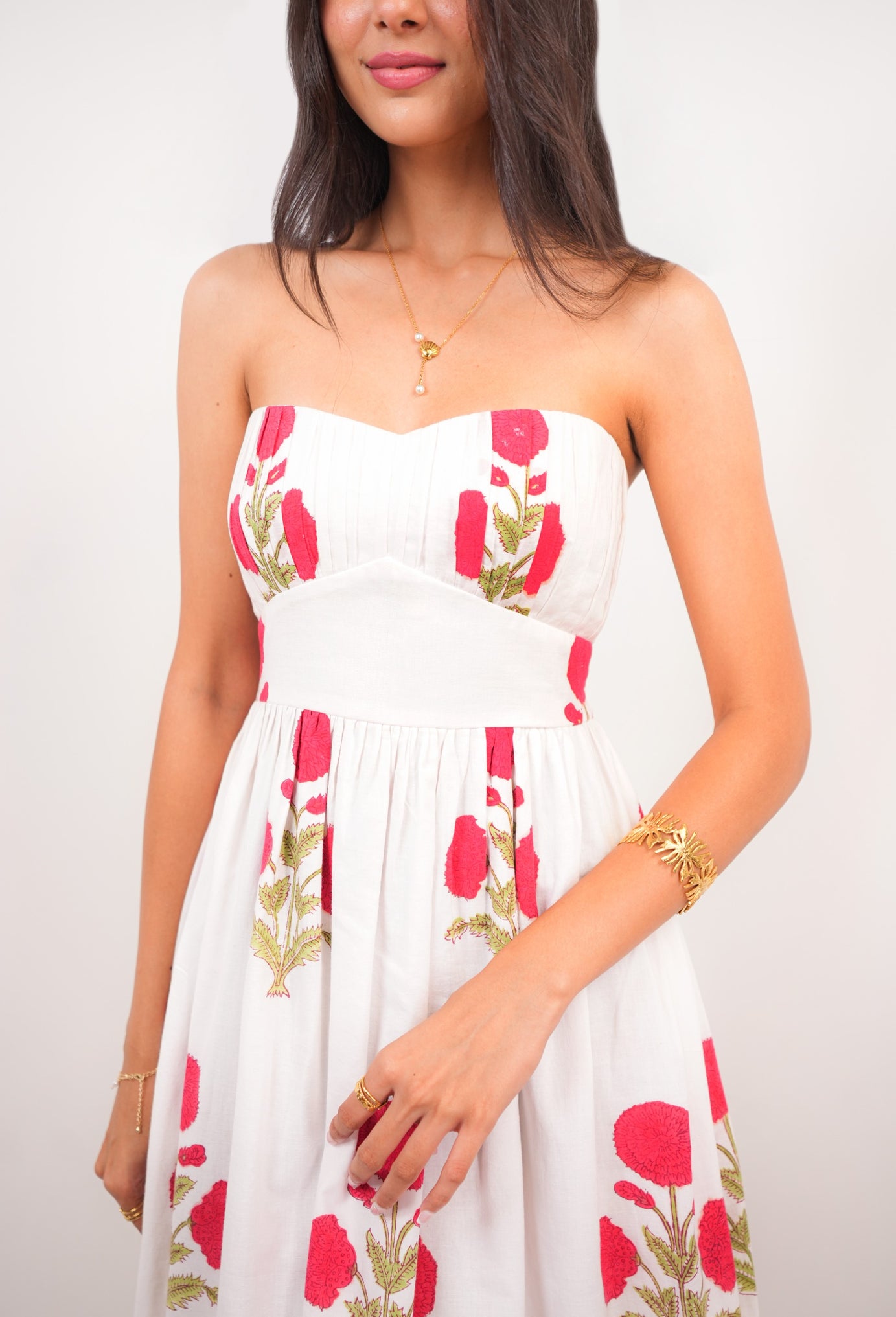 White & Red Floral Hand Block Printed Tube Dress