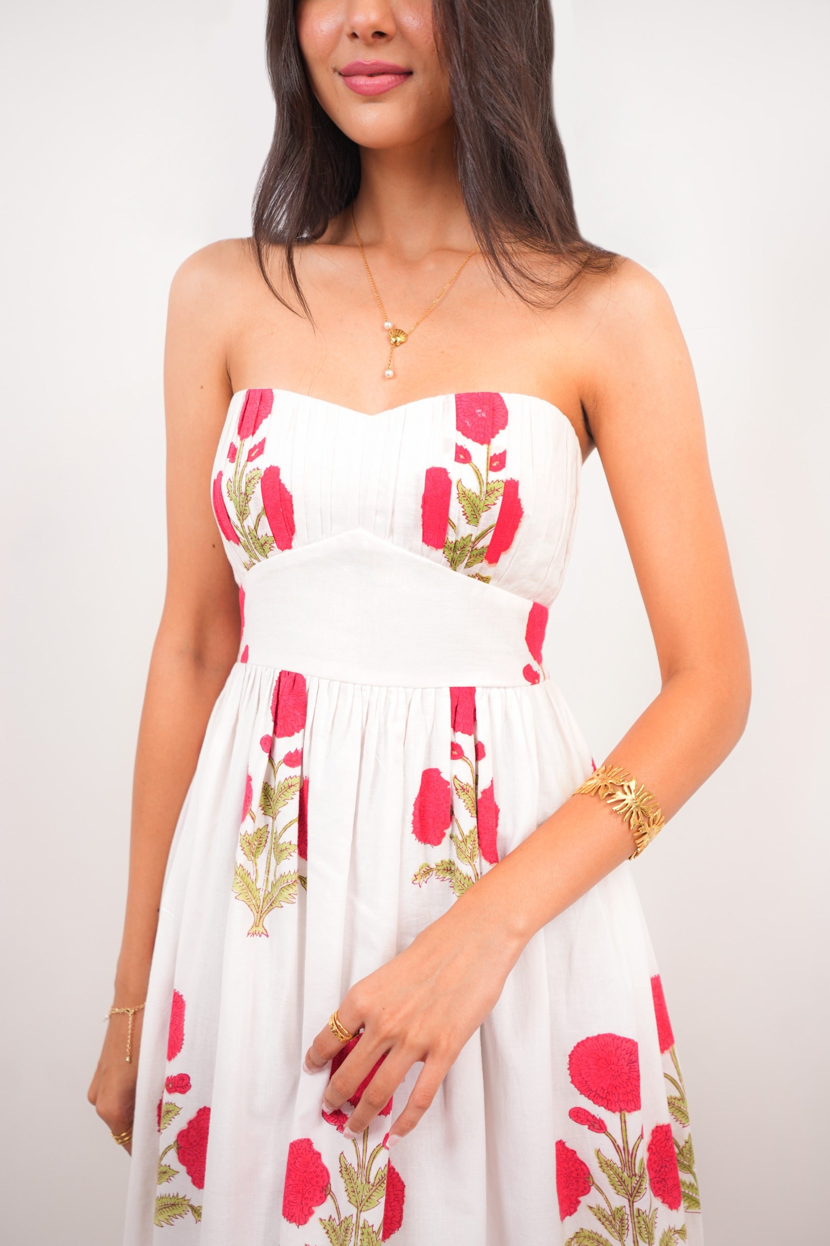 White & Red Floral Hand Block Printed Tube Dress