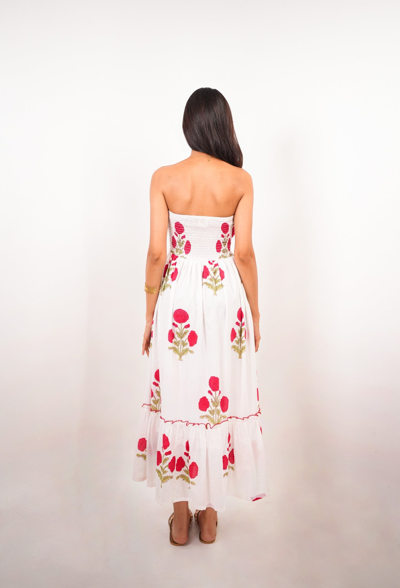 White & Red Floral Hand Block Printed Tube Dress