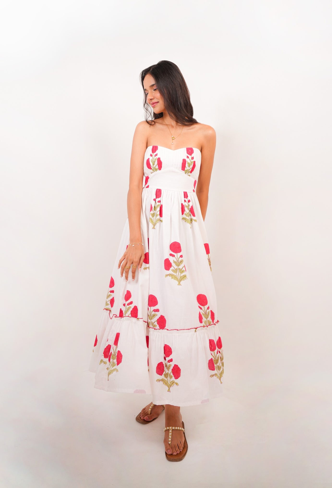 White & Red Floral Hand Block Printed Tube Dress