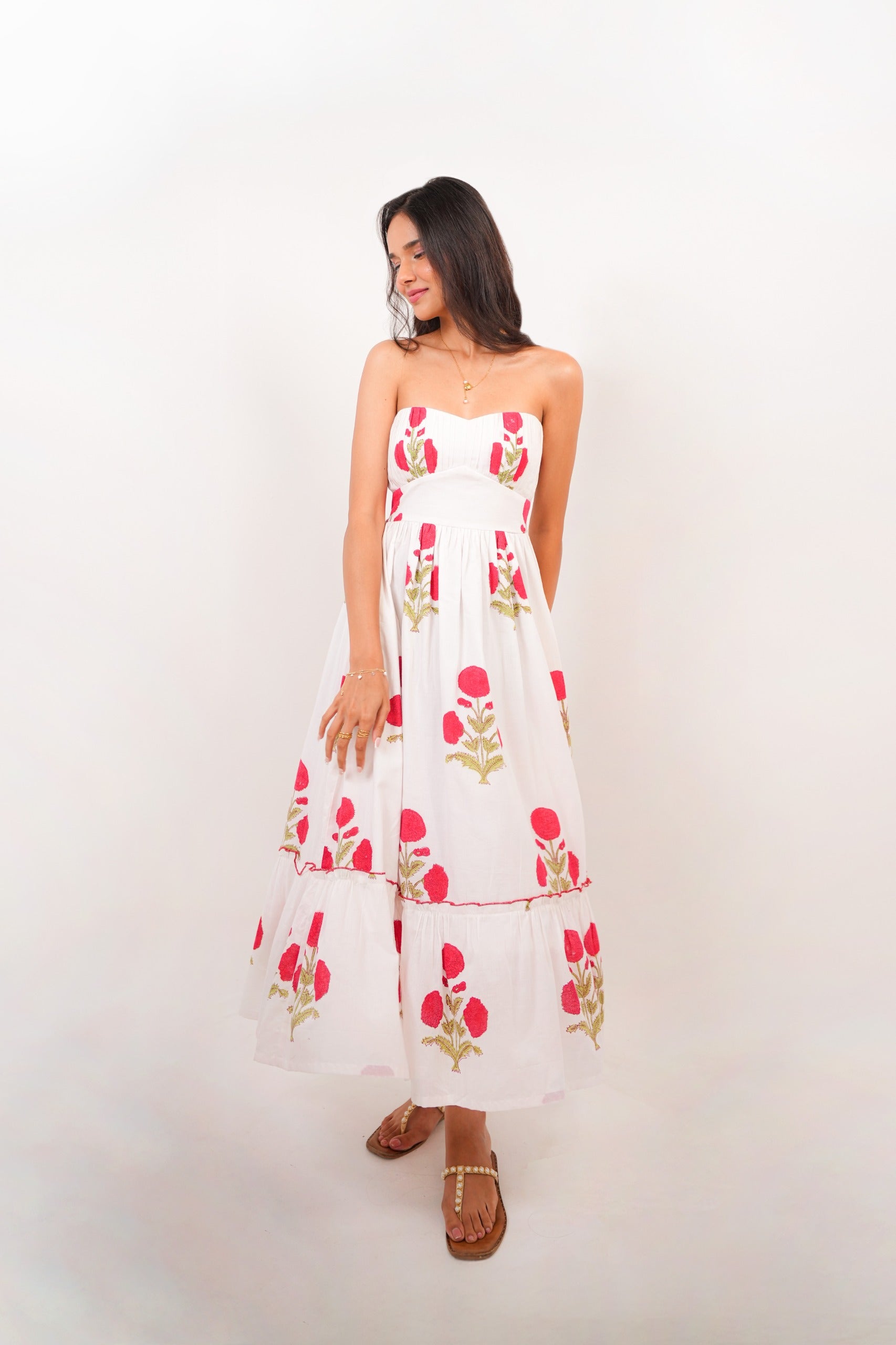 White & Red Floral Hand Block Printed Tube Dress