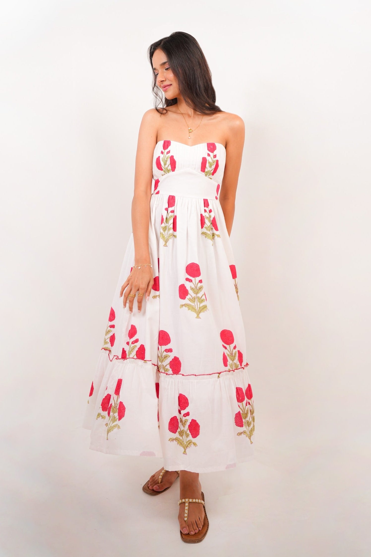 White & Red Floral Hand Block Printed Tube Dress Spring Summer - 25