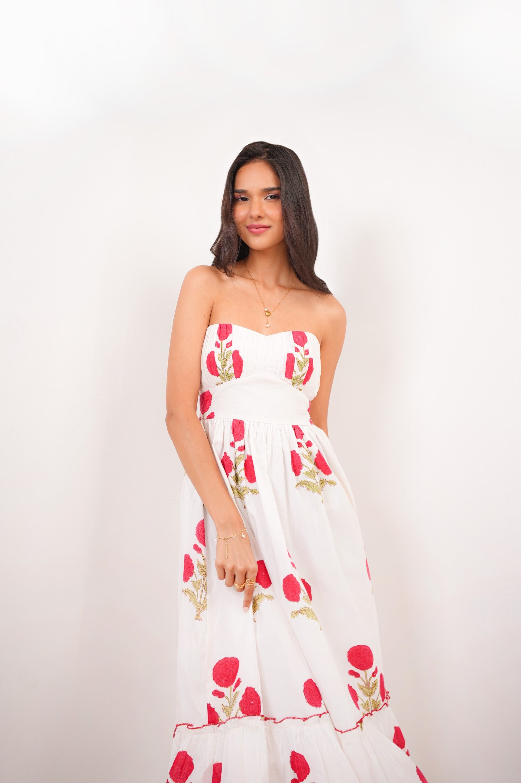 White & Red Floral Hand Block Printed Tube Dress Spring Summer - 25
