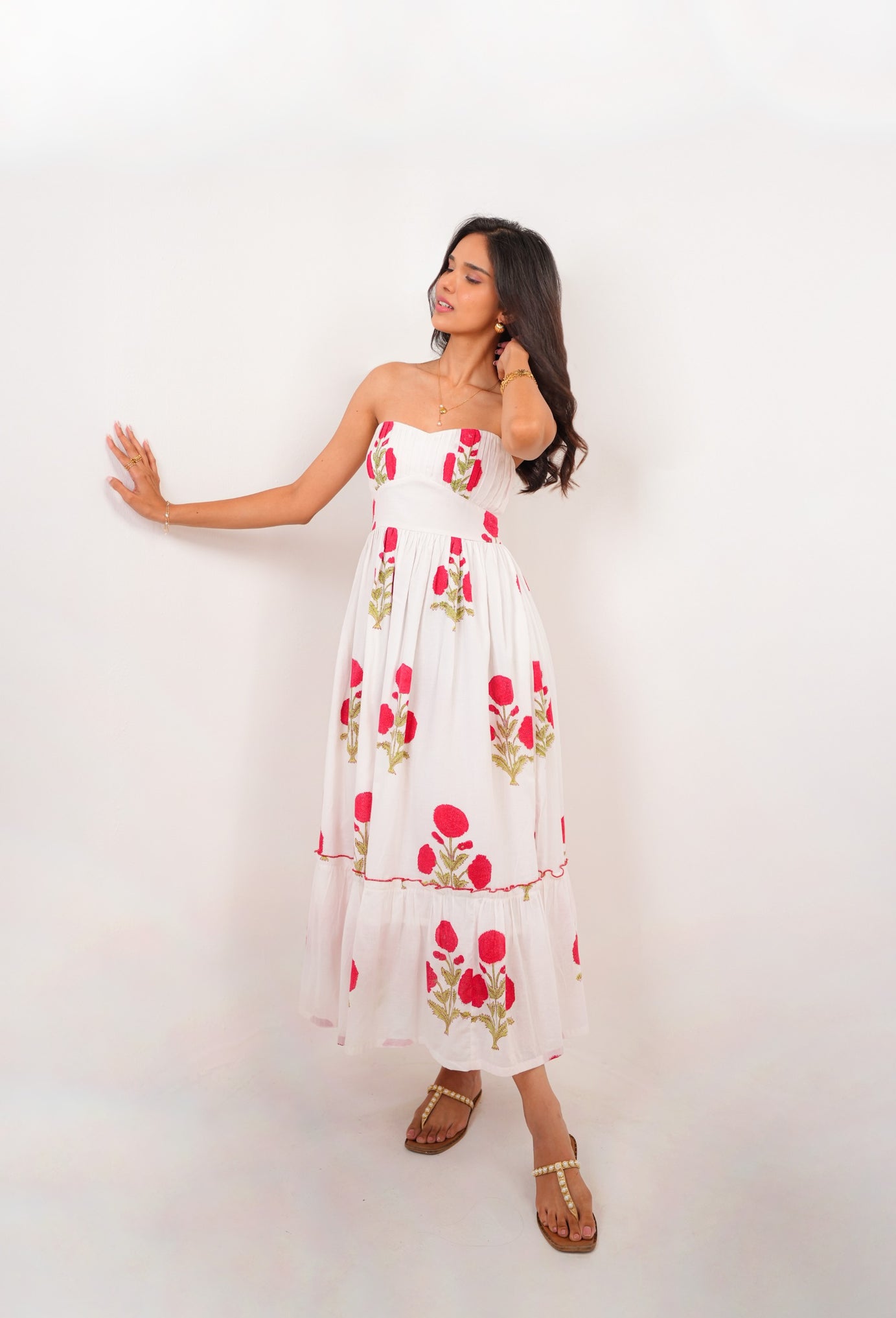 White & Red Floral Hand Block Printed Tube Dress