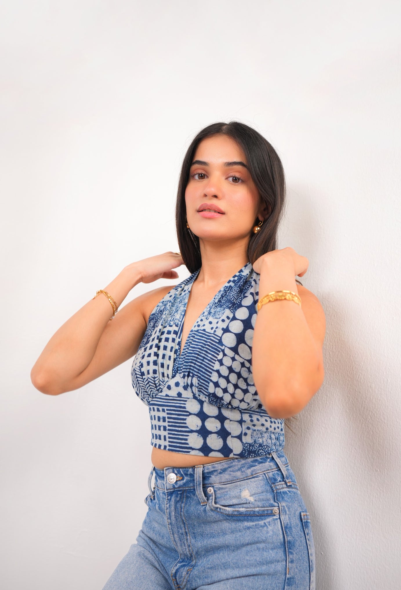 Indigo Print Halter Neck Tie Top