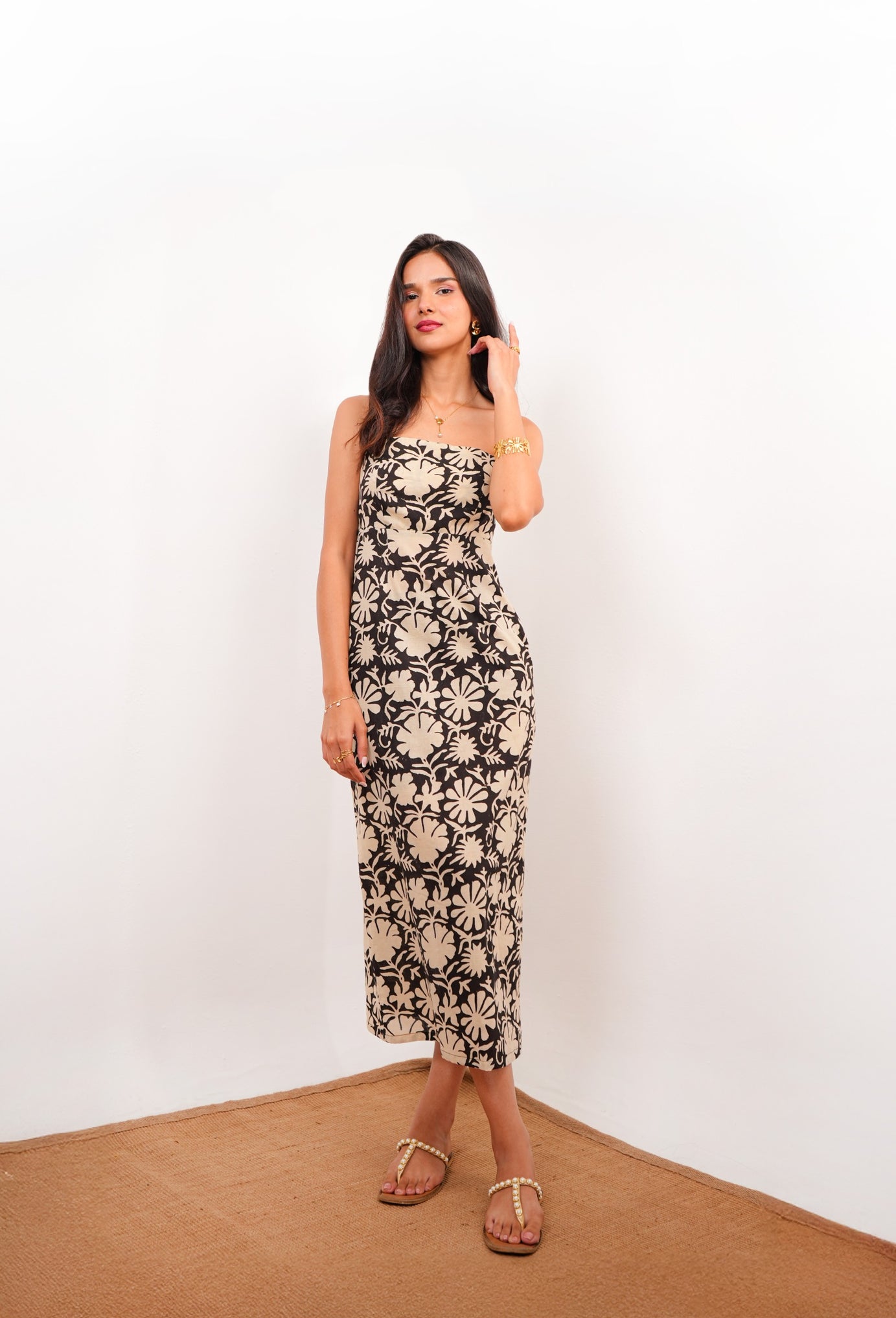 Spaghetti Strap Black Floral Maxi Dress with Back Slit