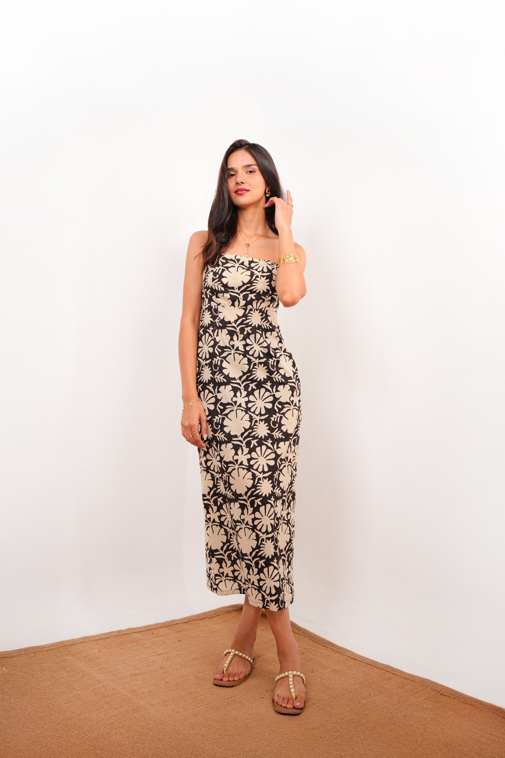 Spaghetti Strap Black Floral Maxi Dress with Back Slit