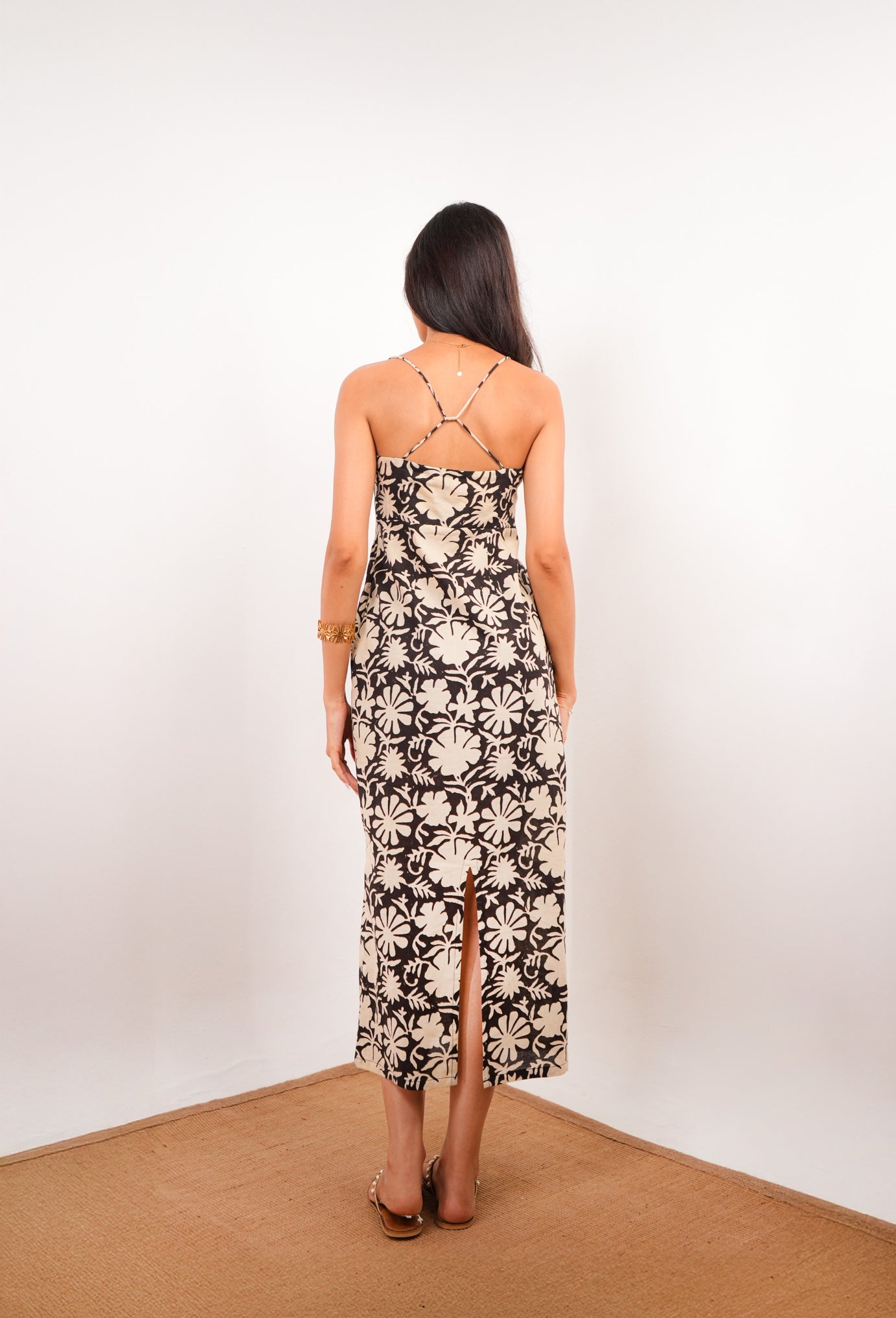 Spaghetti Strap Black Floral Maxi Dress with Back Slit