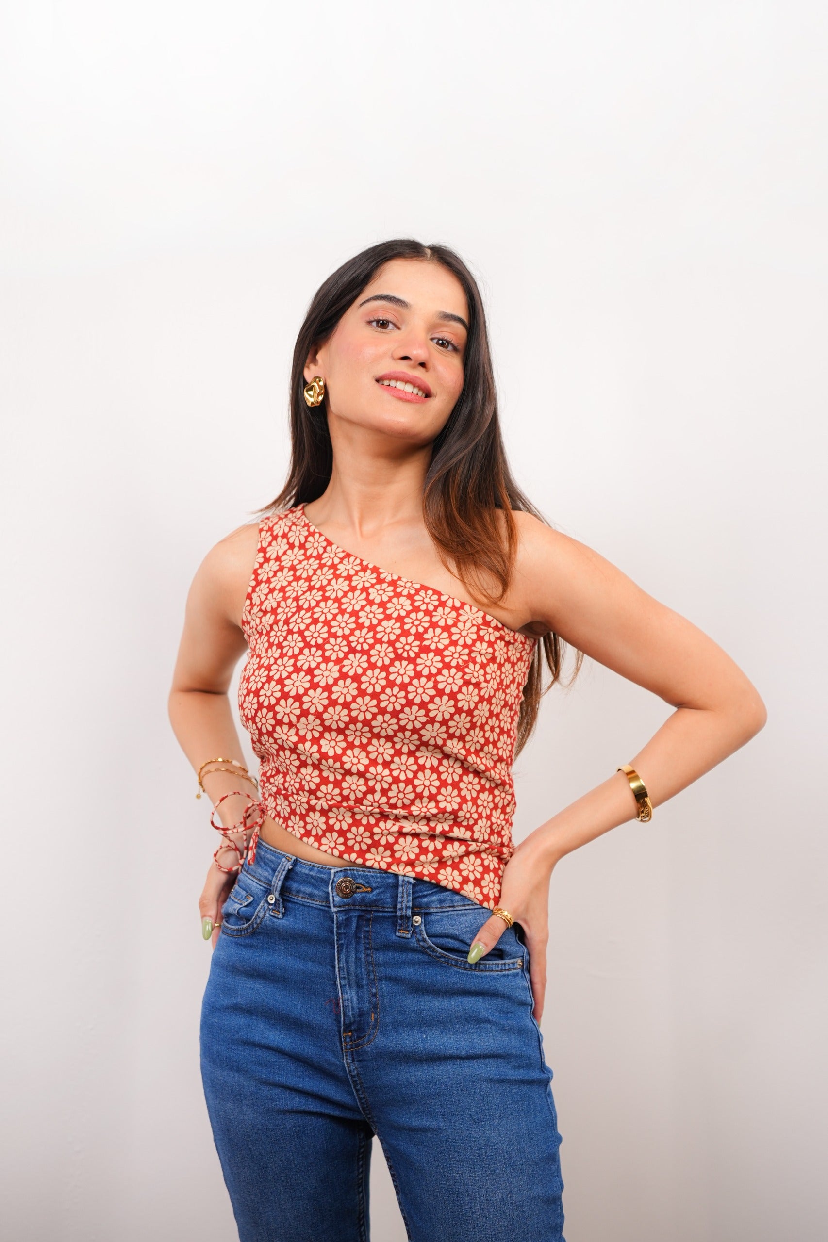 Maroon Bloom One-Shoulder Floral Printed Top