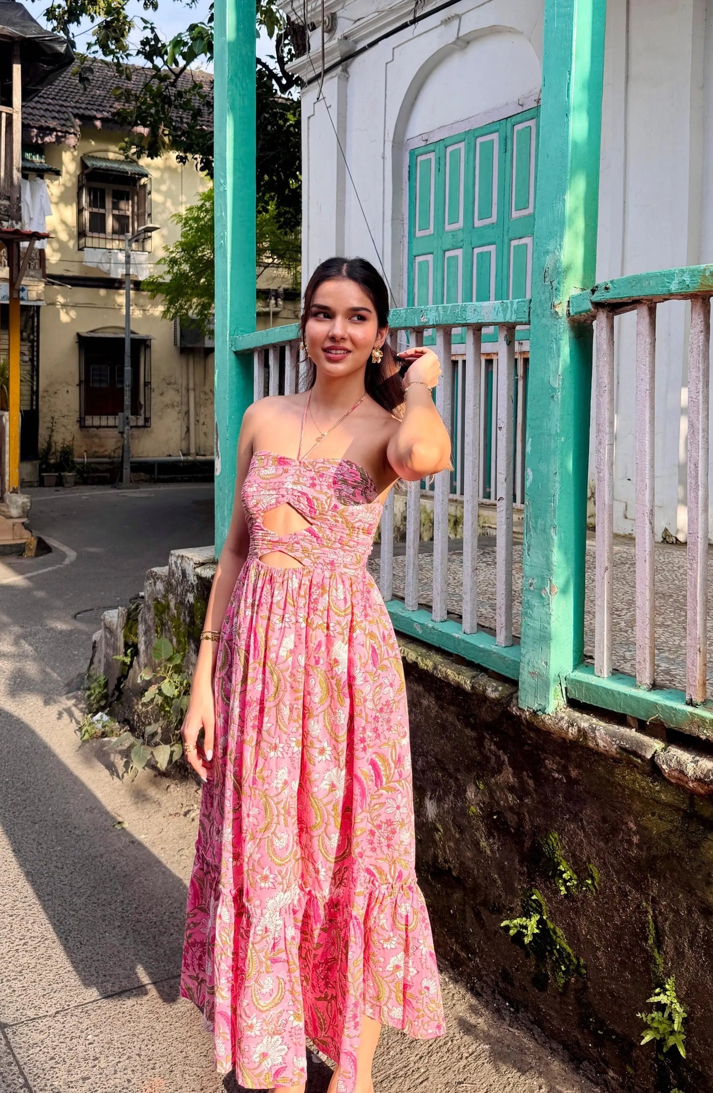 Pink and Green Floral Printed Maxi Dress with Front Cut-Outs Beat the October Heat