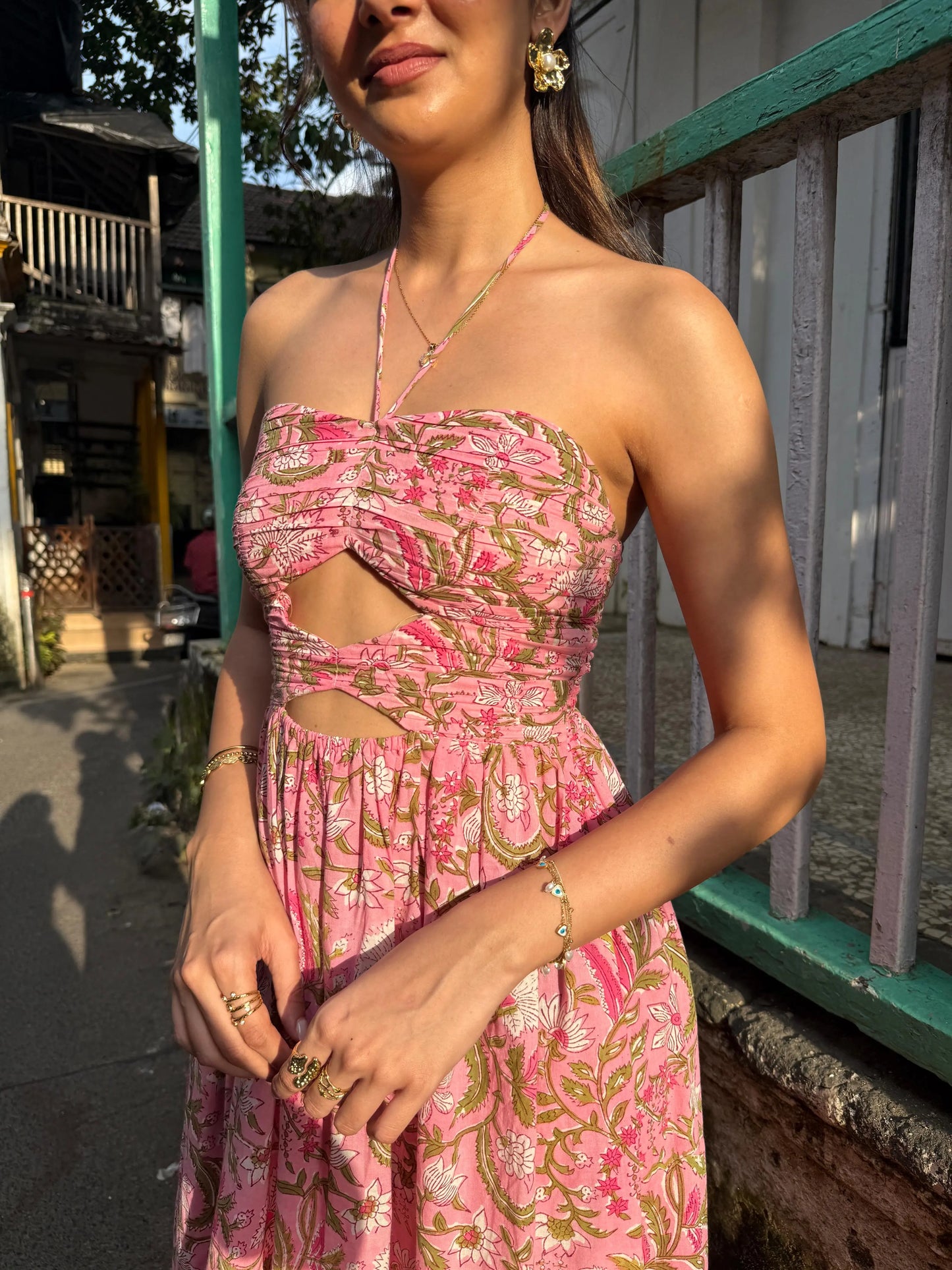 Pink and Green Floral Printed Maxi Dress with Front Cut-Outs Beat the October Heat