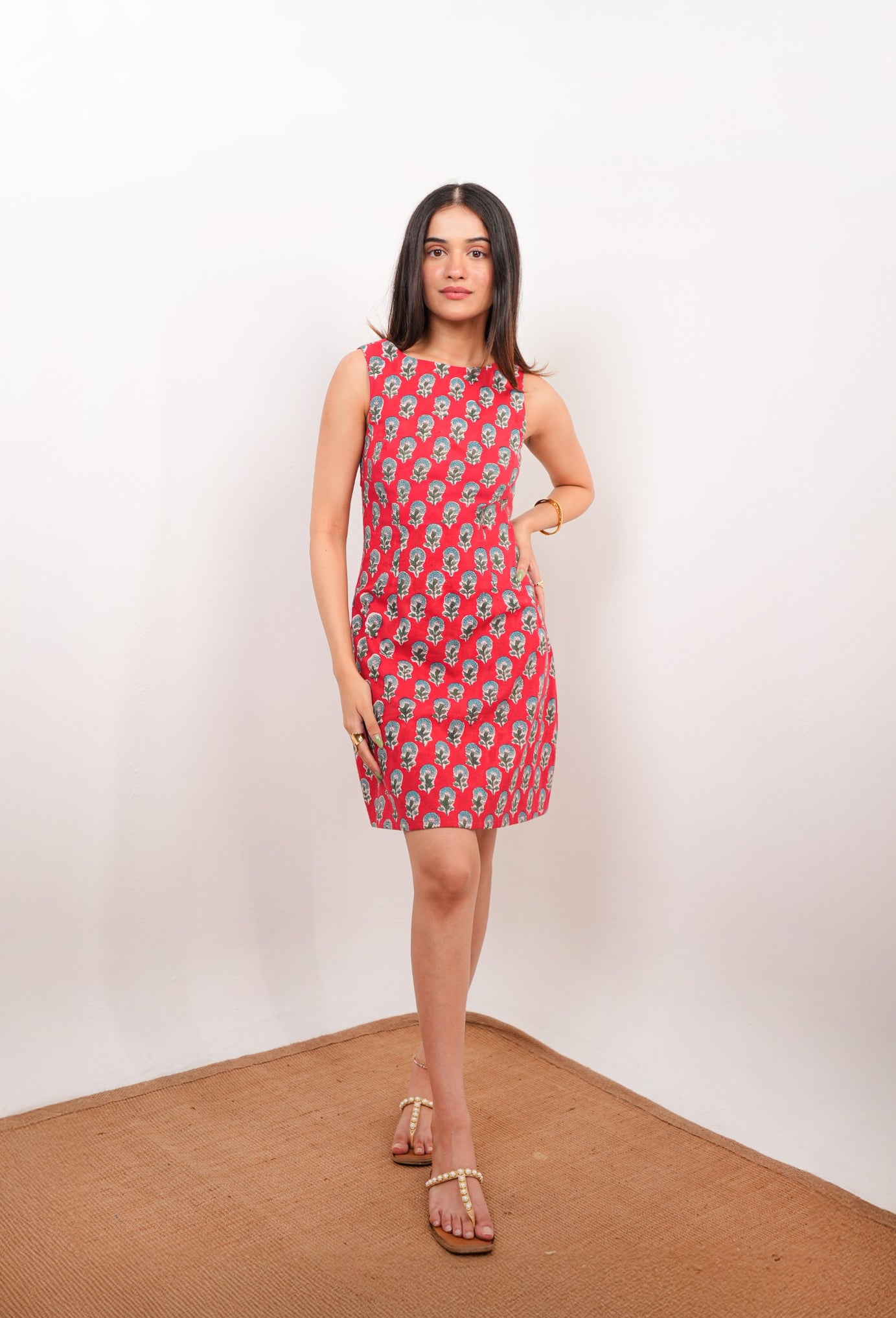 Red Floral Hand Block Printed Sleeveless Dress with Open Back