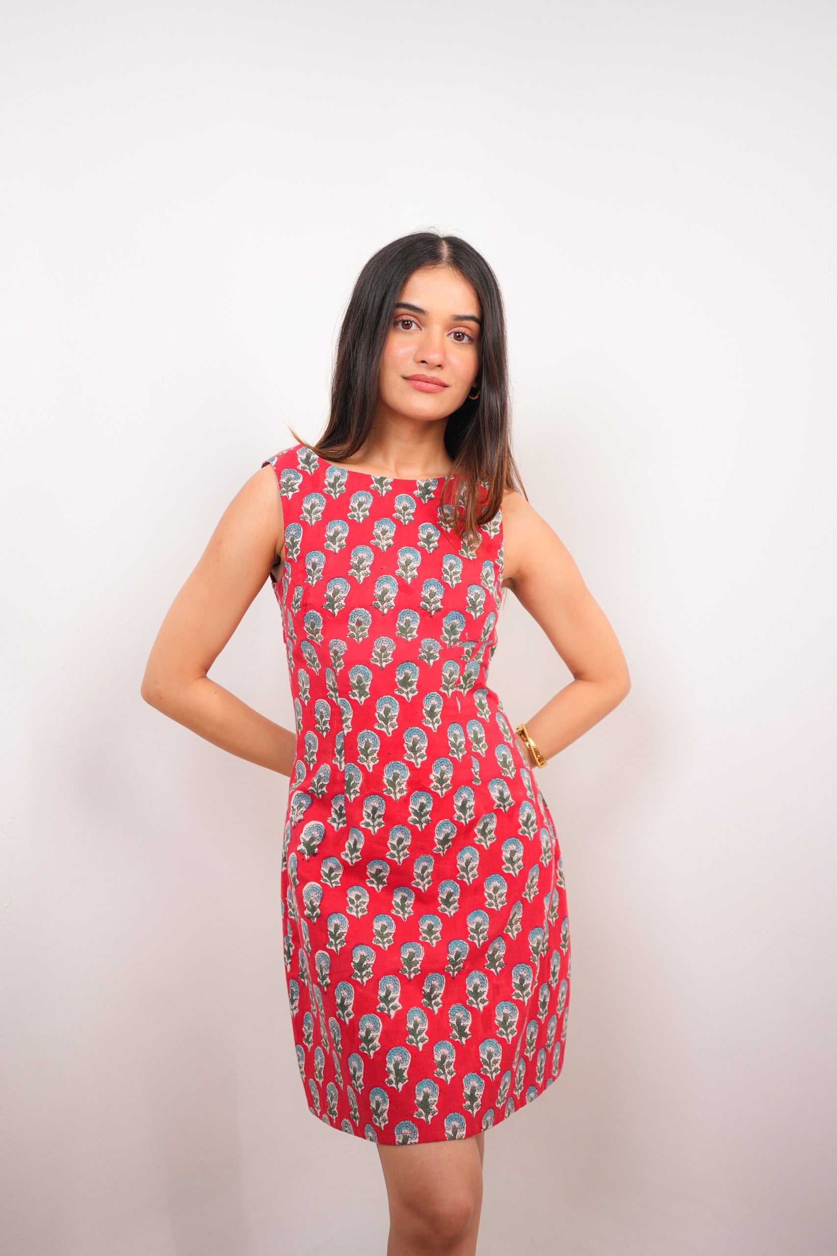 Red Floral Hand Block Printed Sleeveless Dress with Open Back
