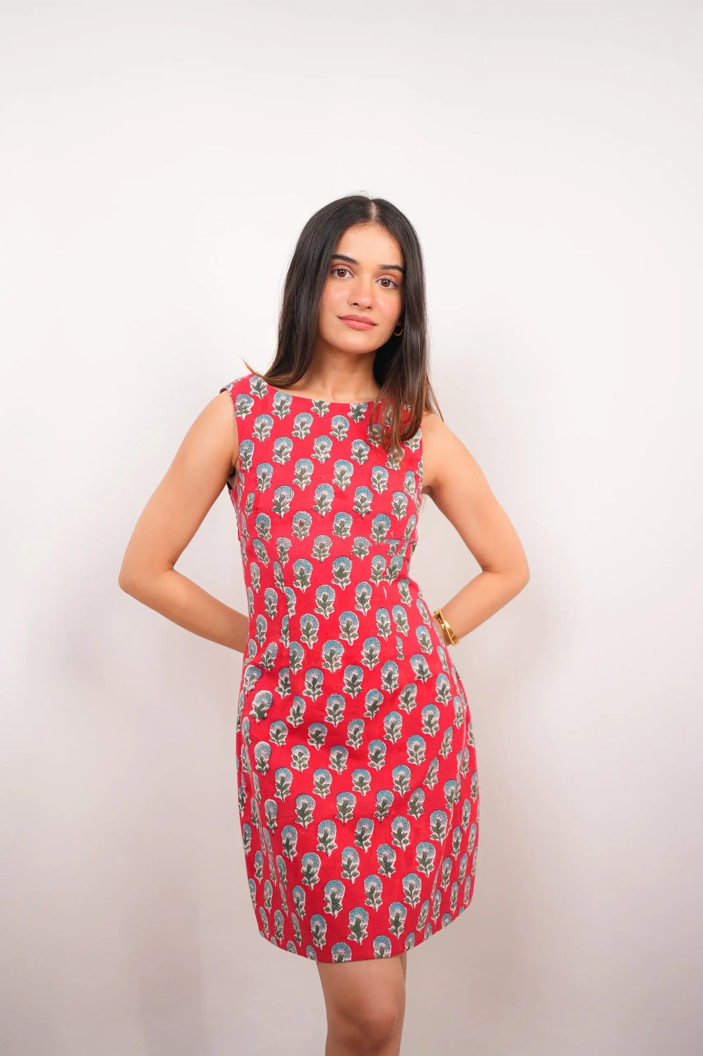 Red Floral Hand Block Printed Sleeveless Short Dress with Open Back Spring Summer - 25