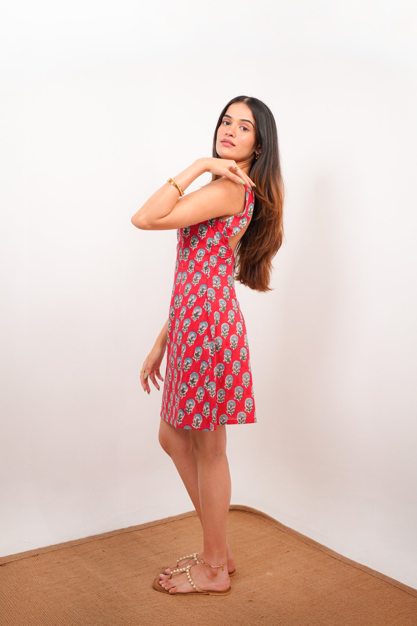 Red Floral Hand Block Printed Sleeveless Dress with Open Back Spring Summer - 25