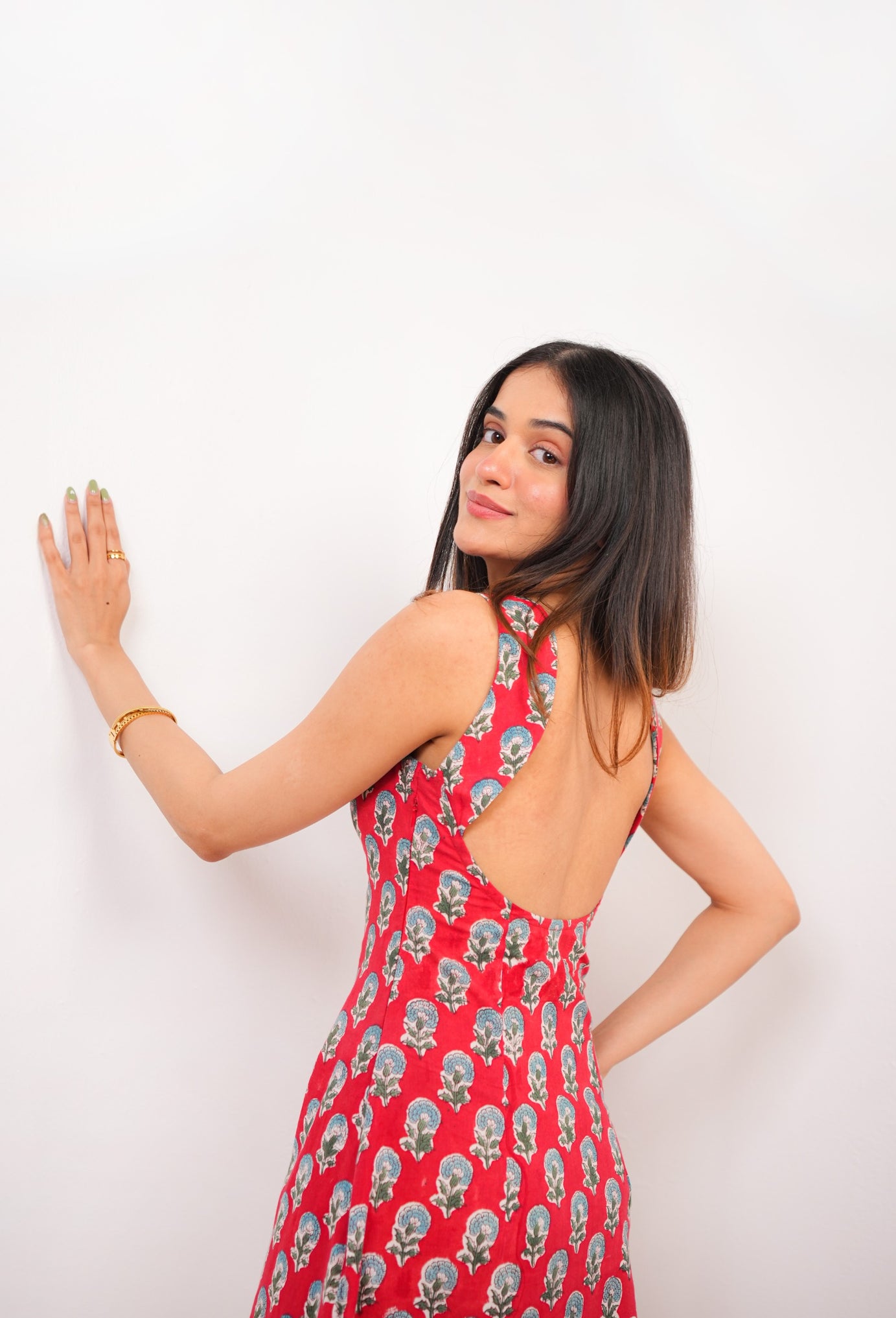 Red Floral Hand Block Printed Sleeveless Dress with Open Back
