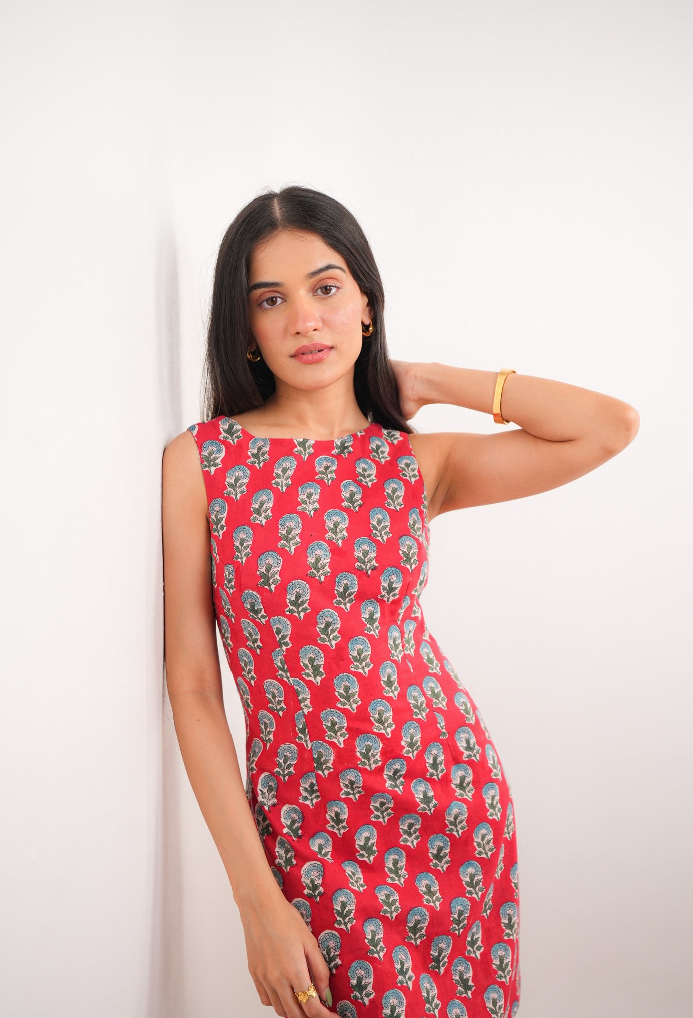 Red Floral Hand Block Printed Sleeveless Dress with Open Back