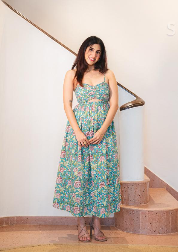 Green Tropical Floral Print Cotton Tube Dress with Pocket SpringSummer'24