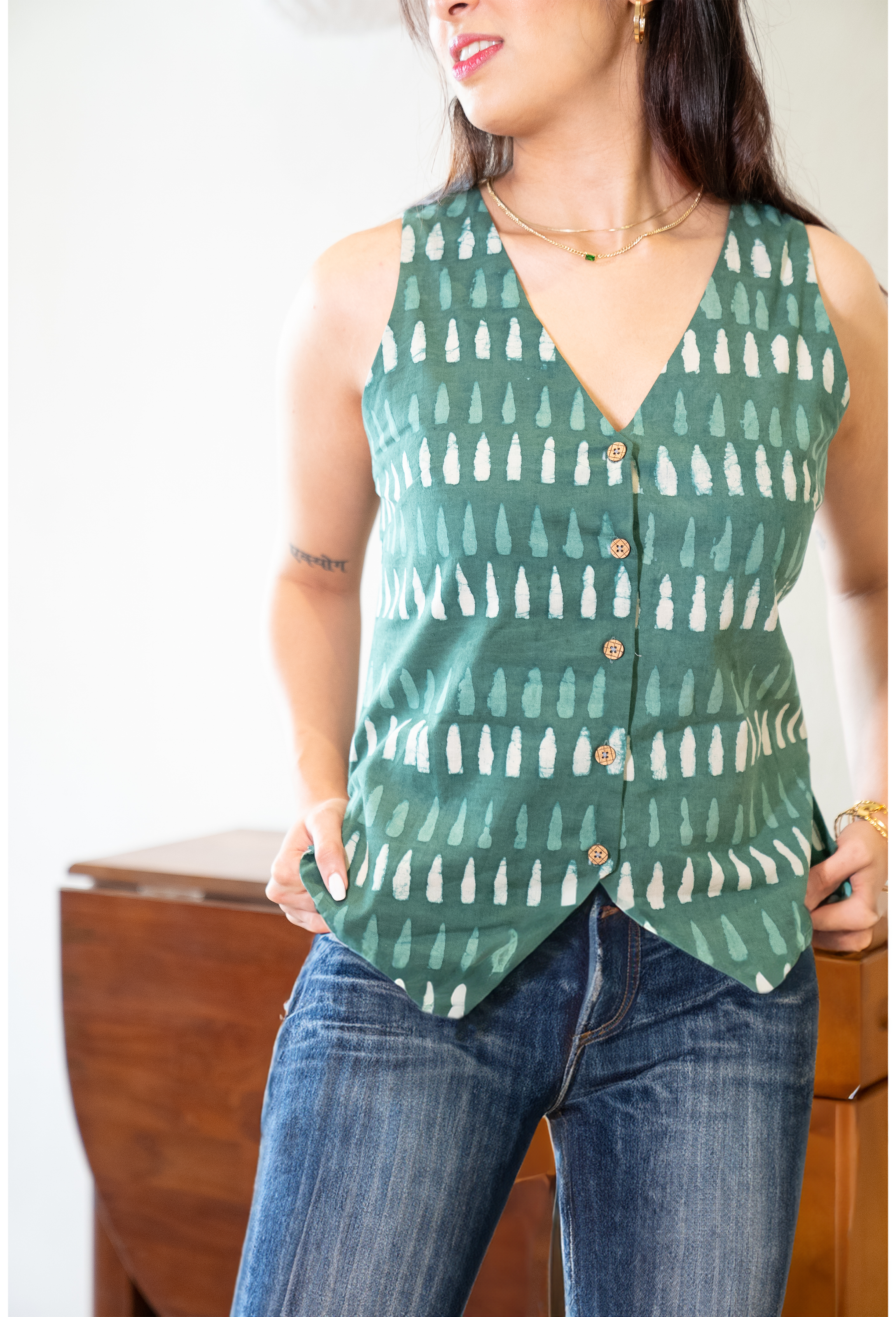 V-Neck Green Hand Block Printed Sleeveless Vest